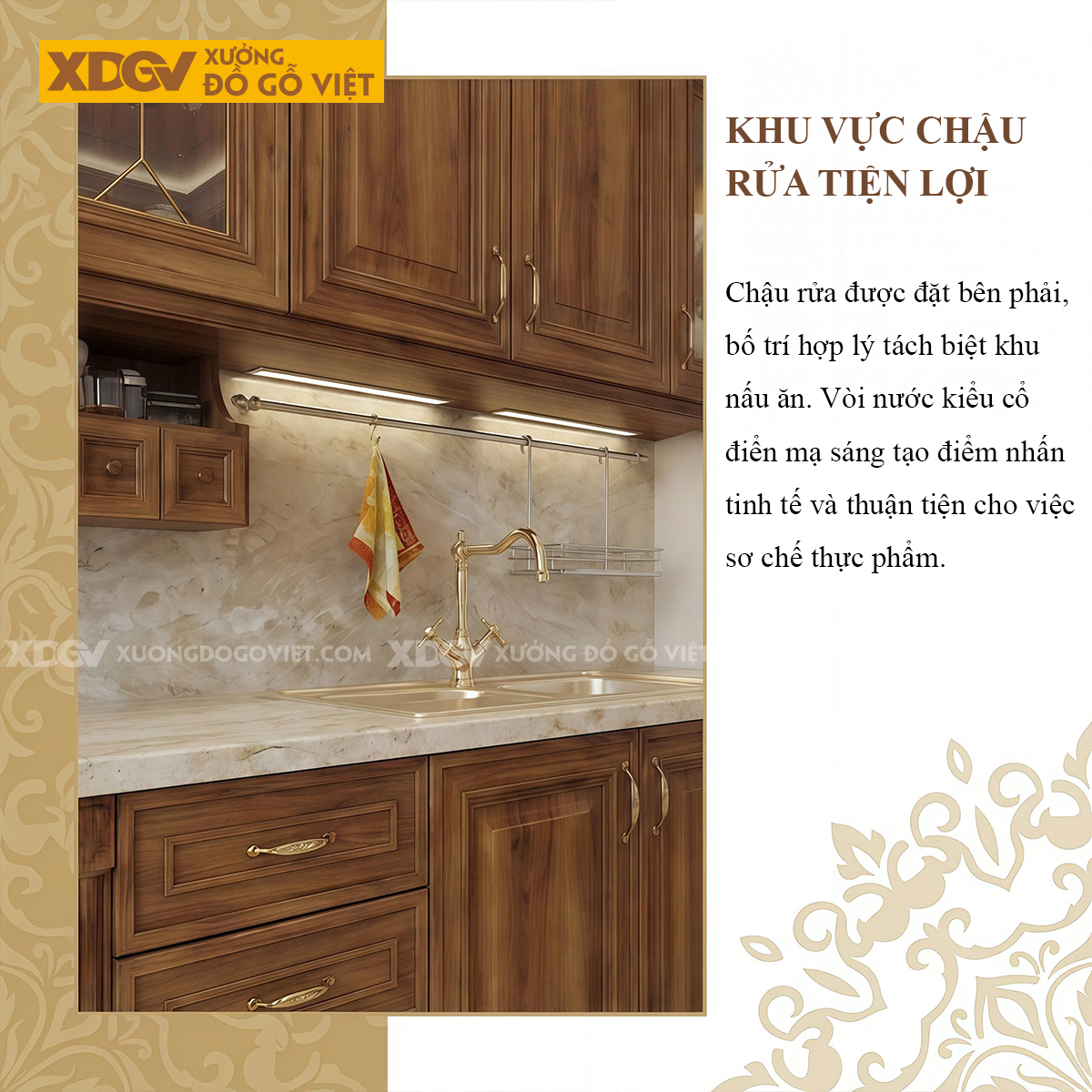 Tủ Bếp Gia Đình Gỗ Óc Chó Phẳng Phong Cách Bắc Âu Sang Trọng