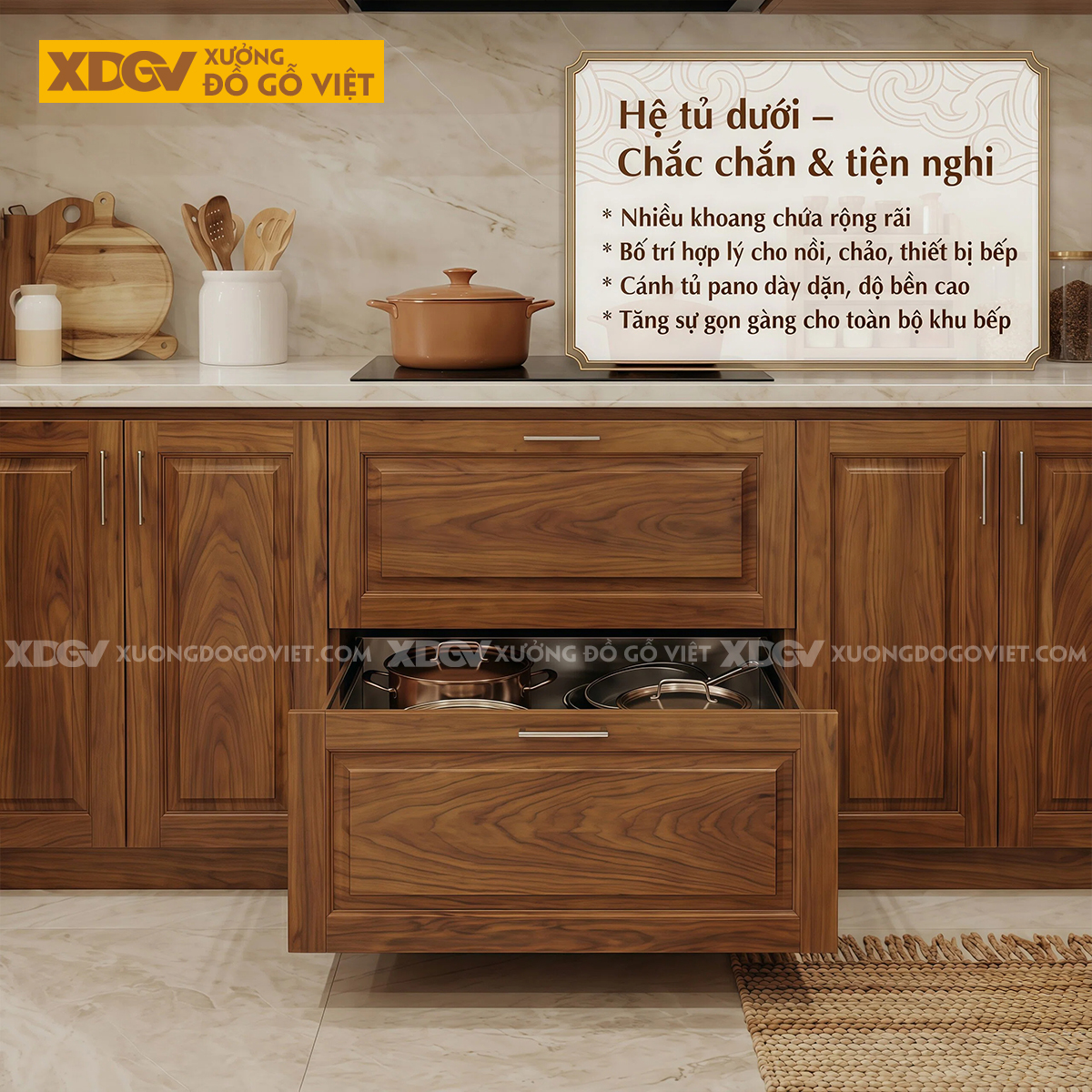 Tủ Bếp Gỗ Gõ Đỏ Chữ U Thiết Kế Ô Âm Tủ Tiết Kiệm Diện Tích