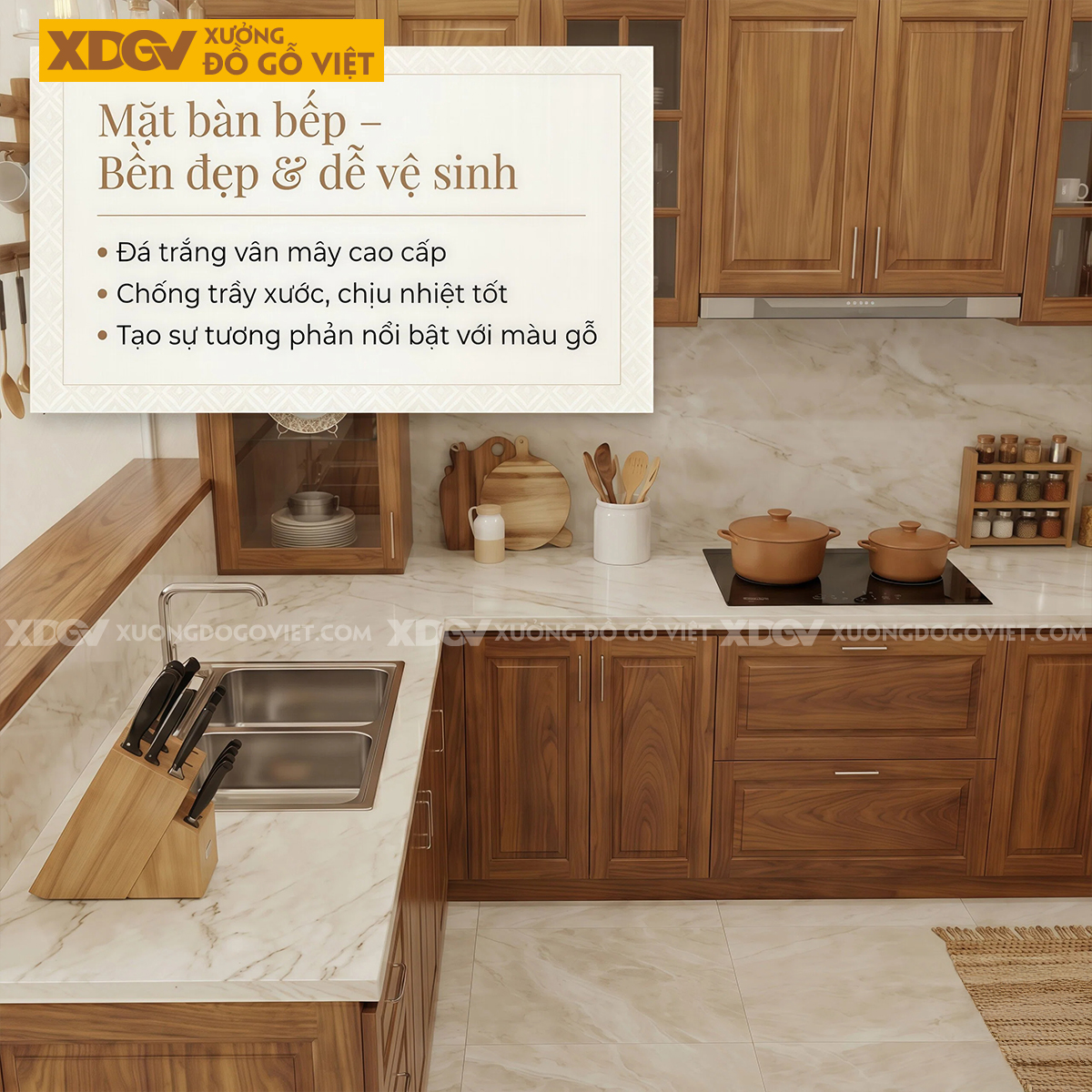 Tủ Bếp Gỗ Gõ Đỏ Chữ U Thiết Kế Ô Âm Tủ Tiết Kiệm Diện Tích