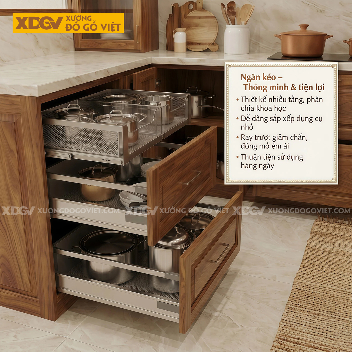 Tủ Bếp Gỗ Gõ Đỏ Chữ U Thiết Kế Ô Âm Tủ Tiết Kiệm Diện Tích
