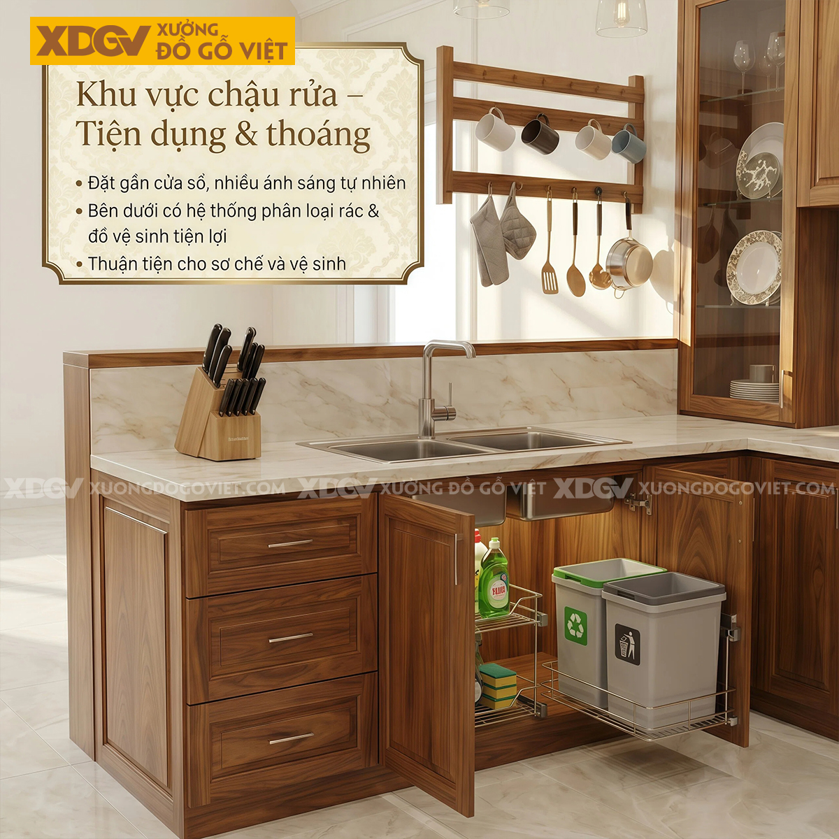 Tủ Bếp Gỗ Gõ Đỏ Chữ U Thiết Kế Ô Âm Tủ Tiết Kiệm Diện Tích