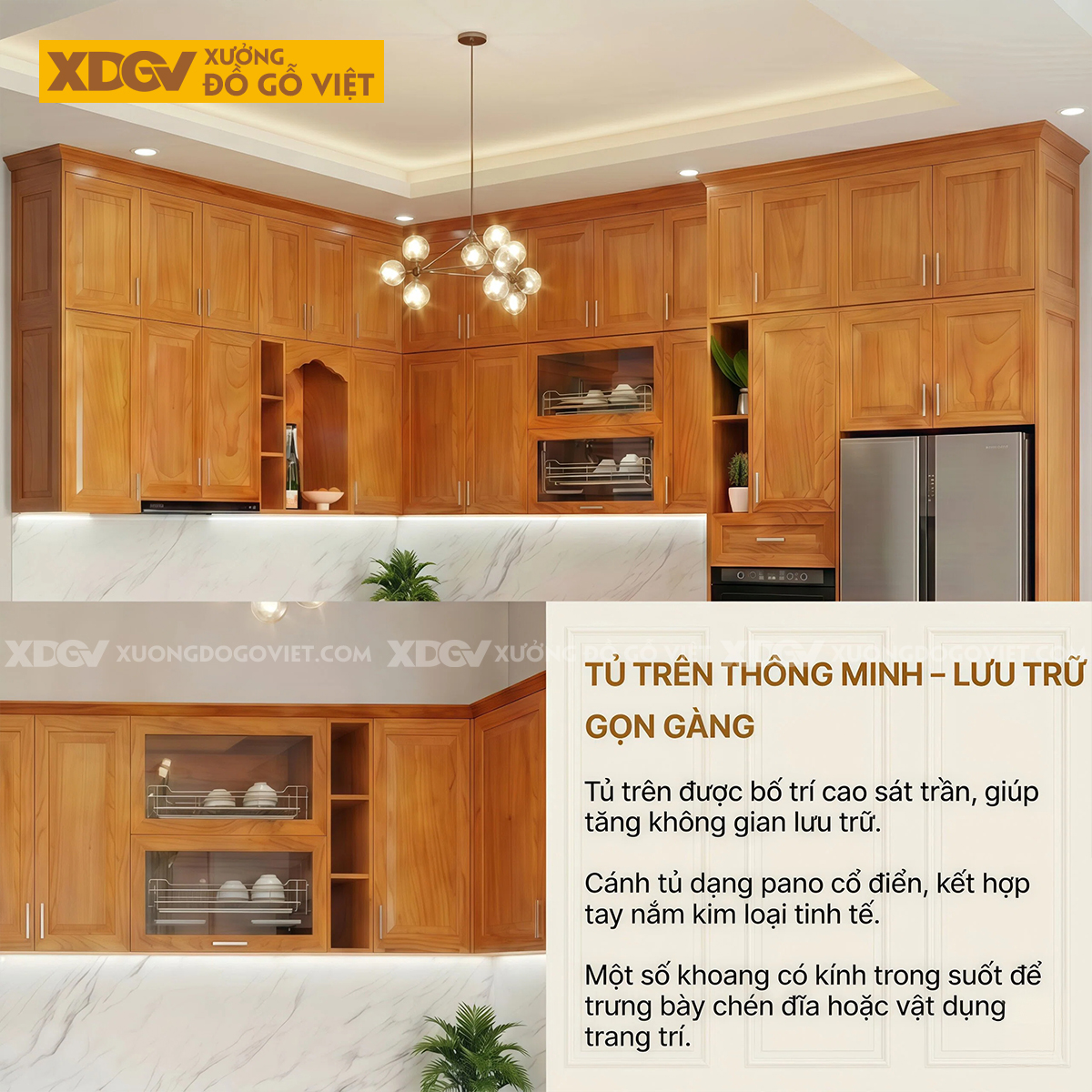 Tủ Bếp Gỗ Gõ Đỏ Vuông Góc Bố Trí Nhiều Ngăn Tủ Siêu Lưu Trữ