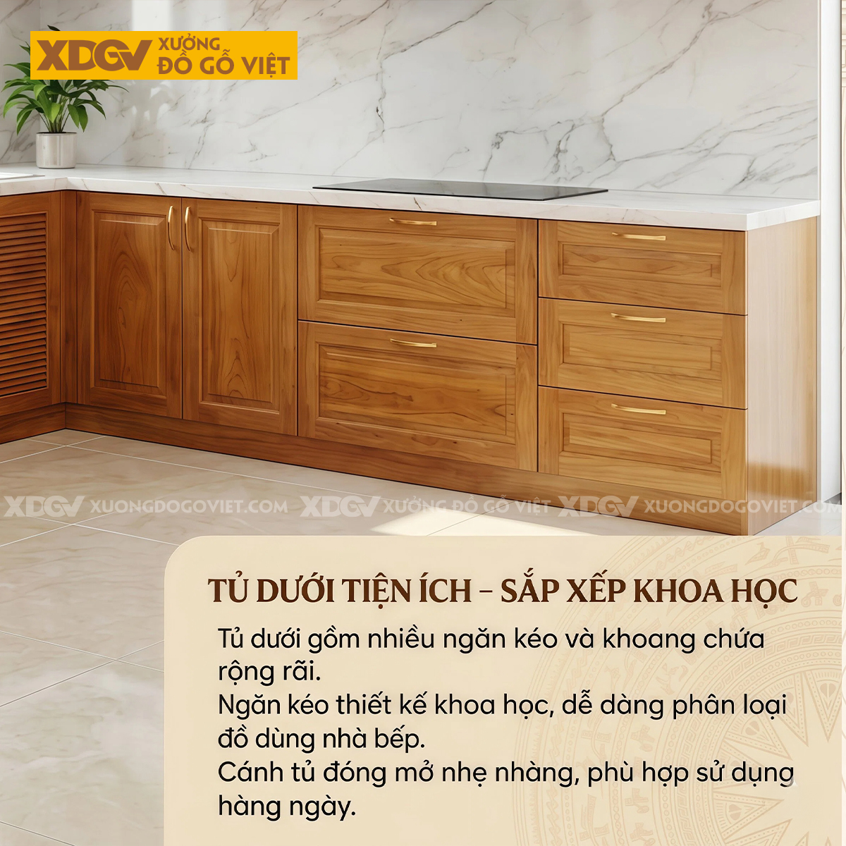 Tủ Bếp Gỗ Gõ Đỏ Vuông Góc Bố Trí Nhiều Ngăn Tủ Siêu Lưu Trữ