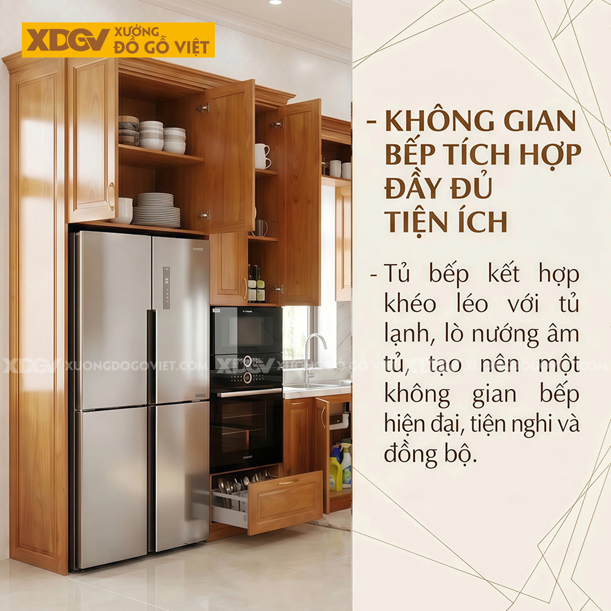 Tủ Bếp Gỗ Gõ Đỏ Vuông Góc Bố Trí Nhiều Ngăn Tủ Siêu Lưu Trữ