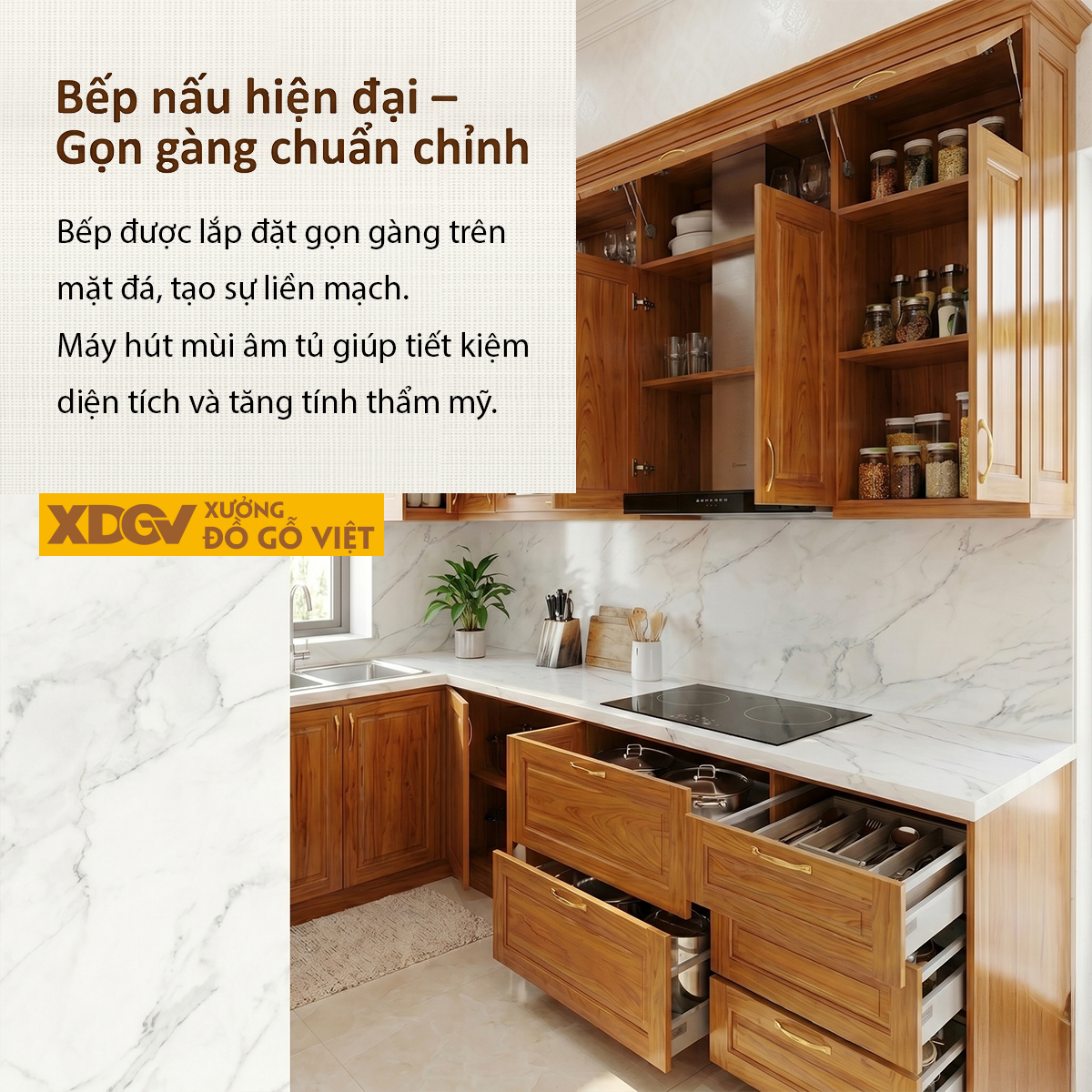 Tủ Bếp Gỗ Gõ Đỏ Vuông Góc Bố Trí Nhiều Ngăn Tủ Siêu Lưu Trữ