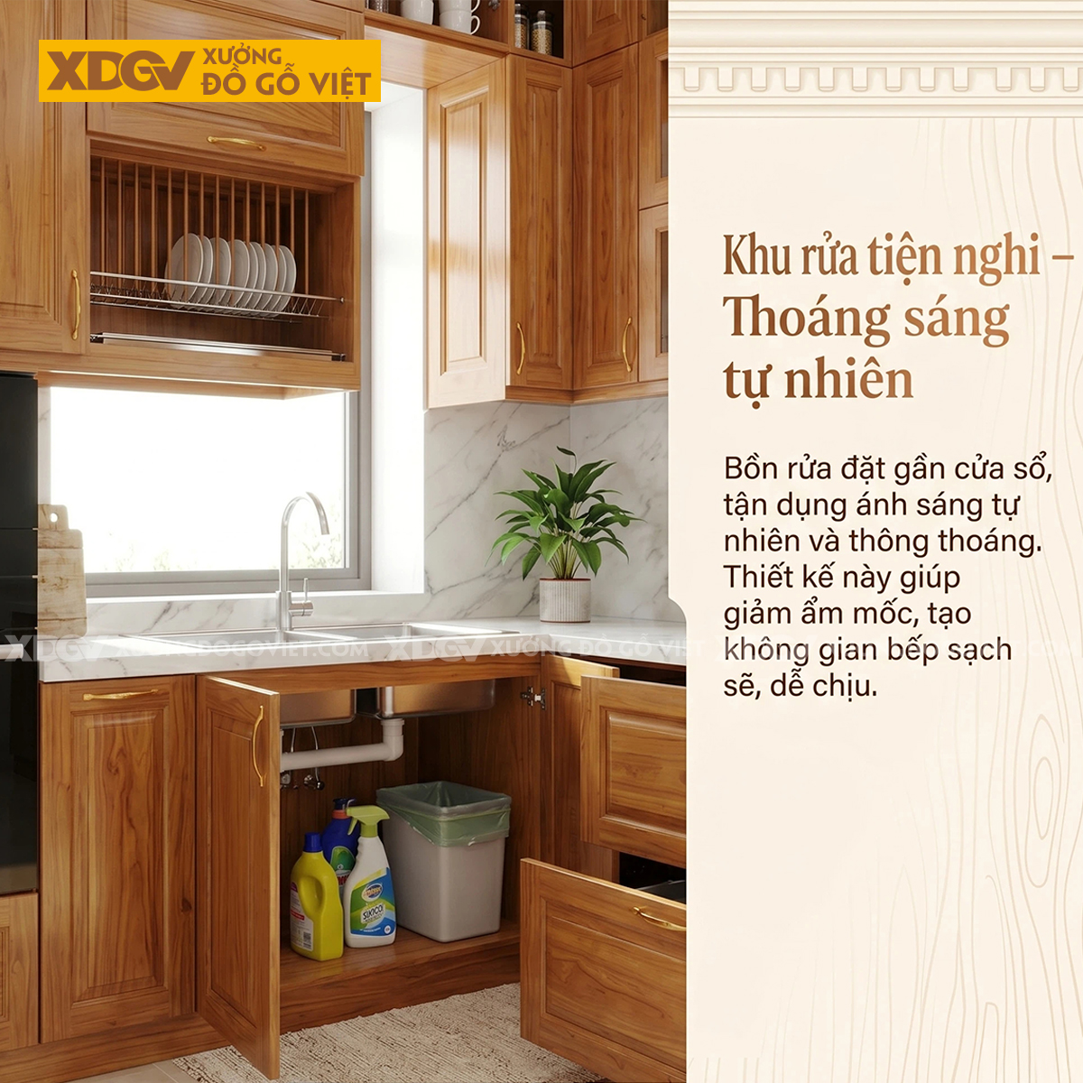 Tủ Bếp Gỗ Gõ Đỏ Vuông Góc Bố Trí Nhiều Ngăn Tủ Siêu Lưu Trữ