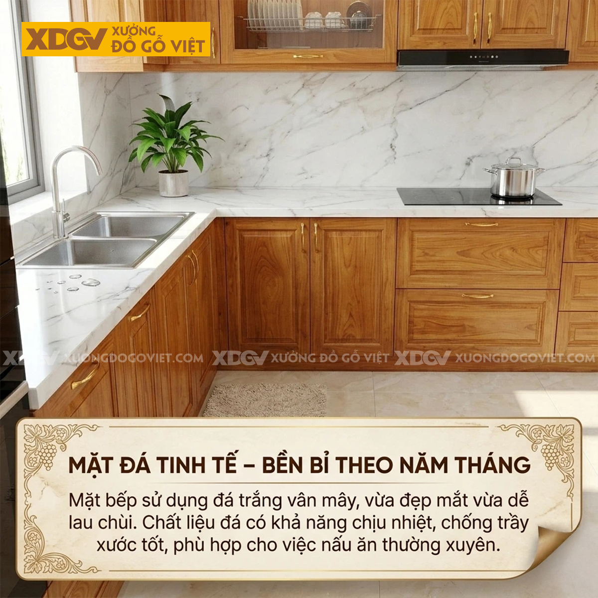 Tủ Bếp Gỗ Gõ Đỏ Vuông Góc Bố Trí Nhiều Ngăn Tủ Siêu Lưu Trữ