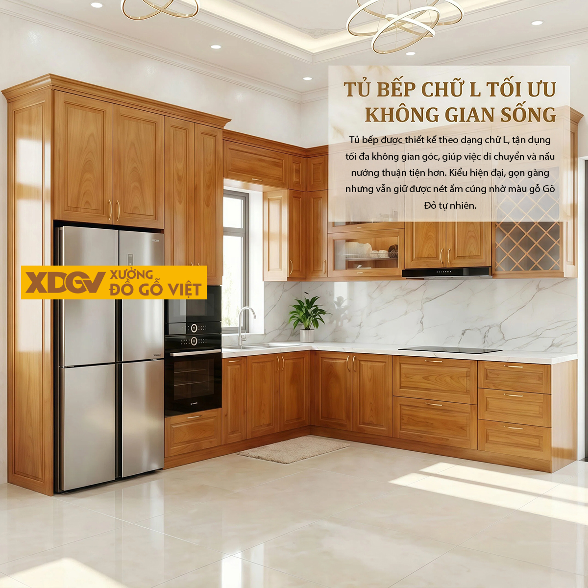 Tủ Bếp Gỗ Gõ Đỏ Vuông Góc Bố Trí Nhiều Ngăn Tủ Siêu Lưu Trữ