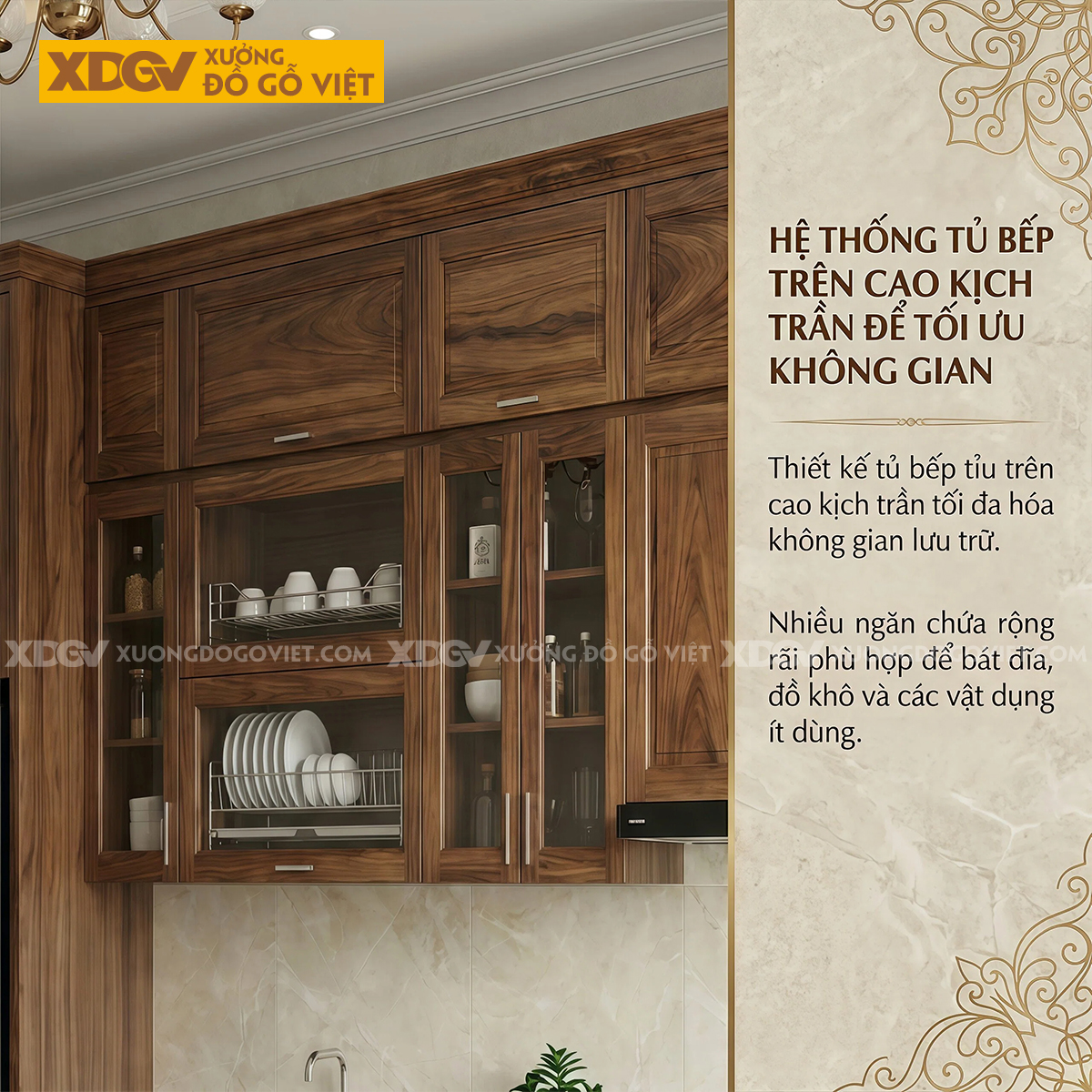 Tủ Bếp Gỗ Óc Chó Chữ I Hệ Trên Dưới Kết Hợp Tủ Kính Đẹp