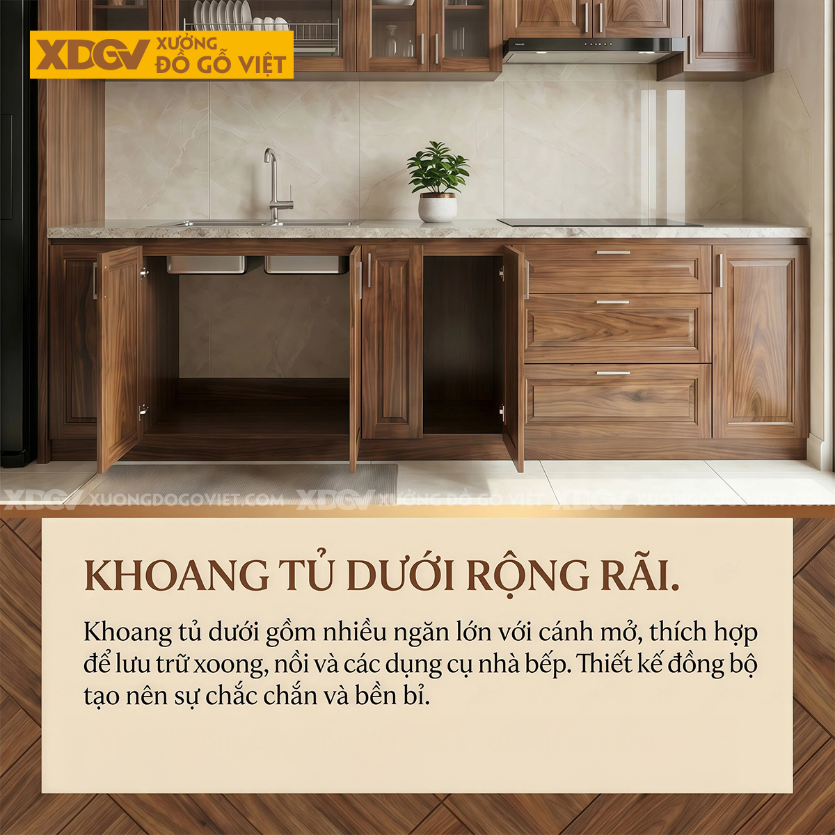 Tủ Bếp Gỗ Óc Chó Chữ I Hệ Trên Dưới Kết Hợp Tủ Kính Đẹp
