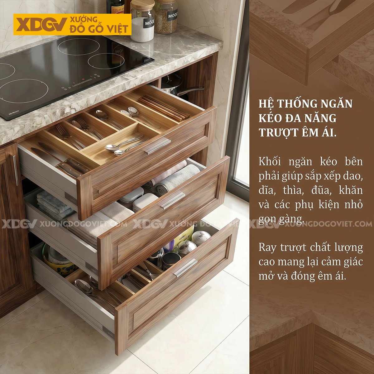 Tủ Bếp Gỗ Óc Chó Chữ I Hệ Trên Dưới Kết Hợp Tủ Kính Đẹp
