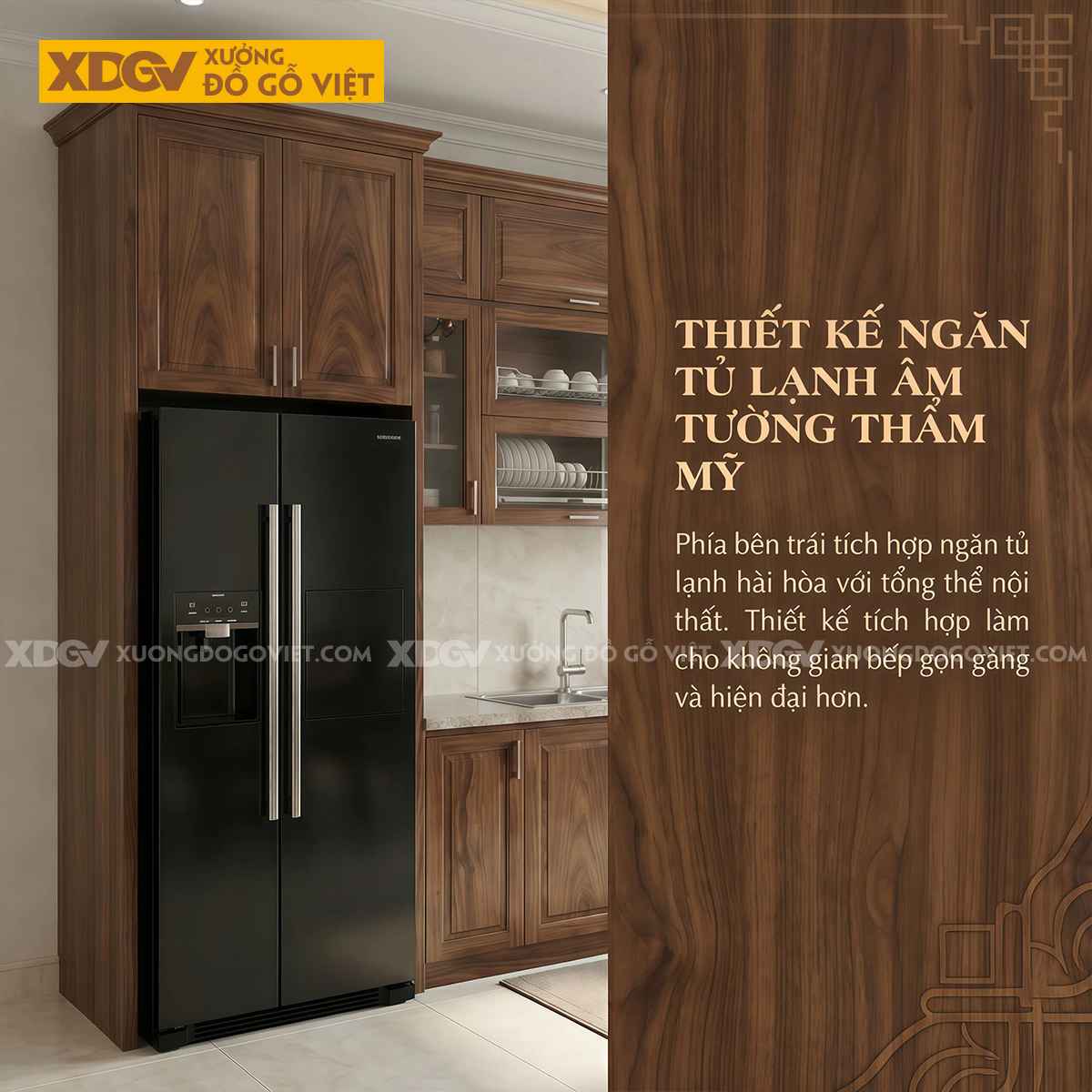Tủ Bếp Gỗ Óc Chó Chữ I Hệ Trên Dưới Kết Hợp Tủ Kính Đẹp