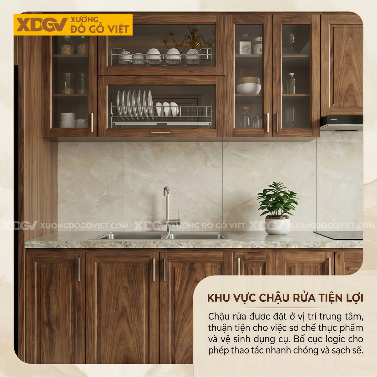 Tủ Bếp Gỗ Óc Chó Chữ I Hệ Trên Dưới Kết Hợp Tủ Kính Đẹp