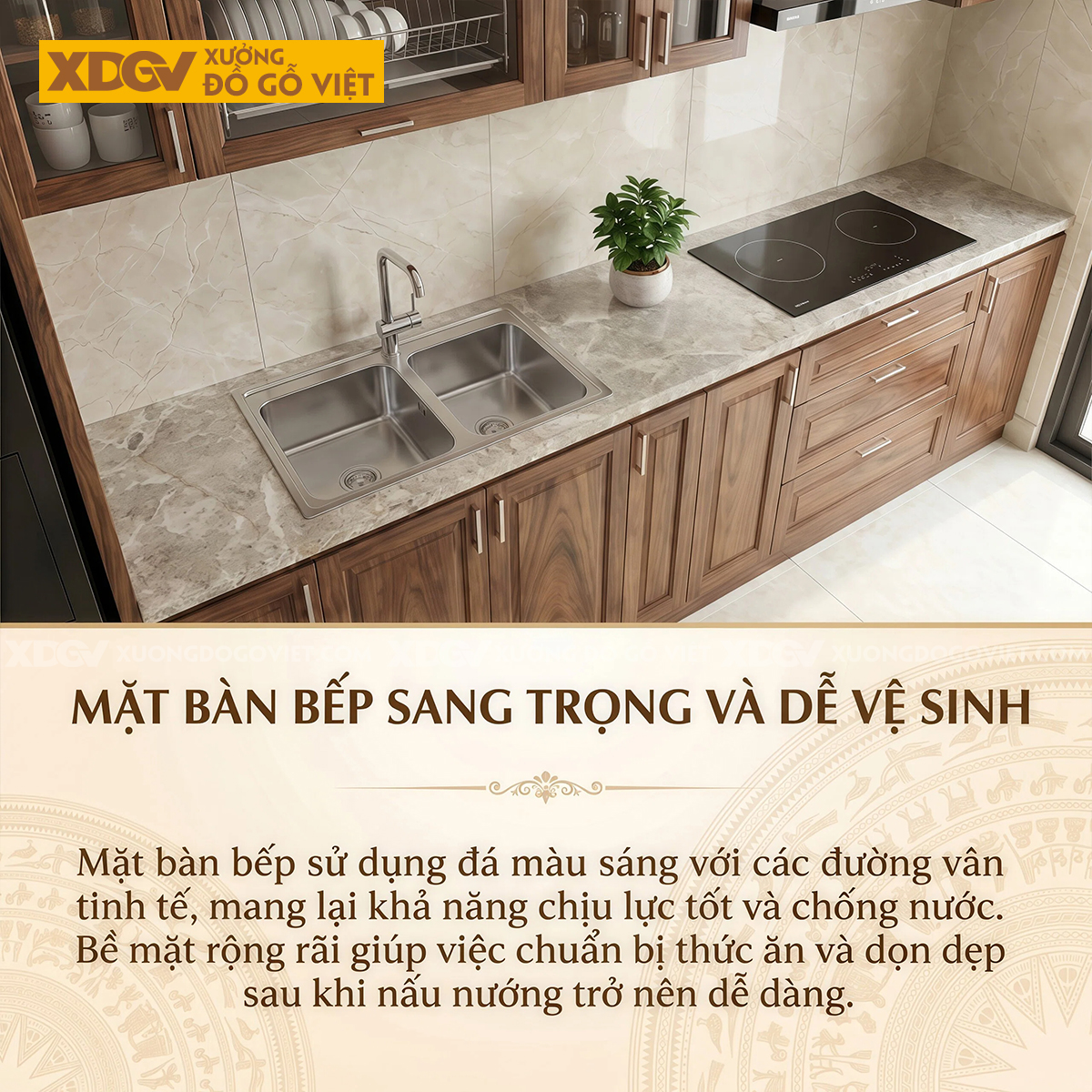 Tủ Bếp Gỗ Óc Chó Chữ I Hệ Trên Dưới Kết Hợp Tủ Kính Đẹp