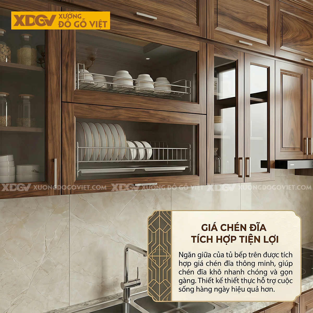 Tủ Bếp Gỗ Óc Chó Chữ I Hệ Trên Dưới Kết Hợp Tủ Kính Đẹp