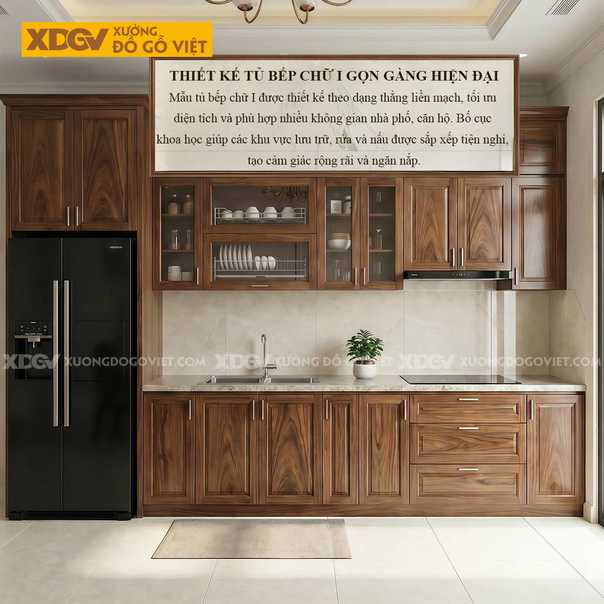 Tủ Bếp Gỗ Óc Chó Chữ I Hệ Trên Dưới Kết Hợp Tủ Kính Đẹp