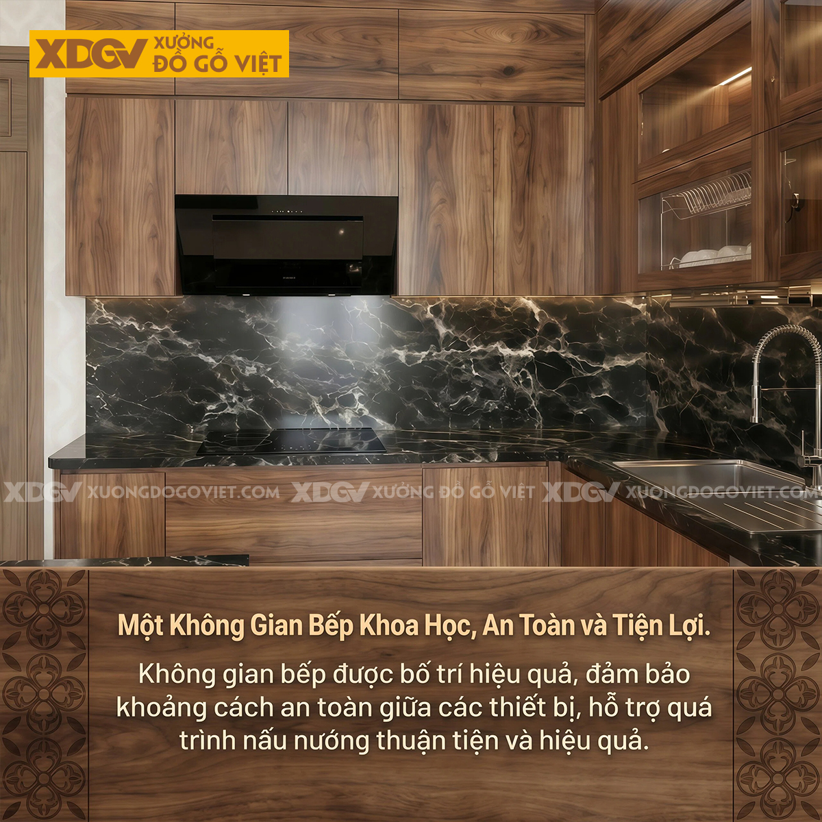 Tủ Bếp Gỗ Óc Chó Chữ L Ốp Mặt Đá Đen Vân Có Bàn Đảo Bếp
