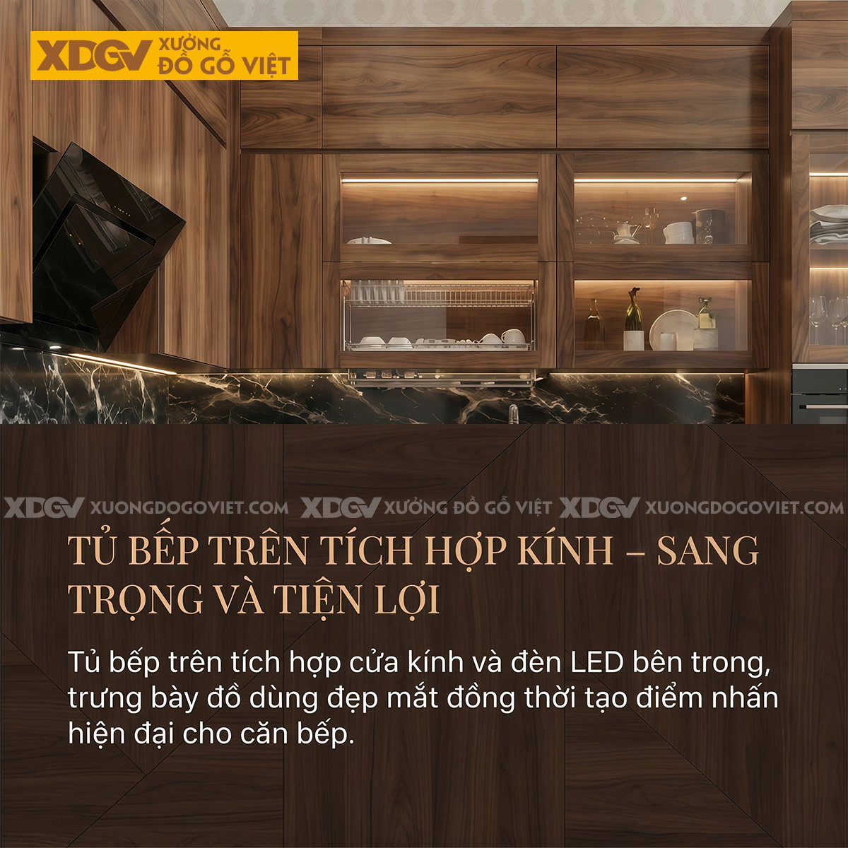 Tủ Bếp Gỗ Óc Chó Chữ L Ốp Mặt Đá Đen Vân Có Bàn Đảo Bếp