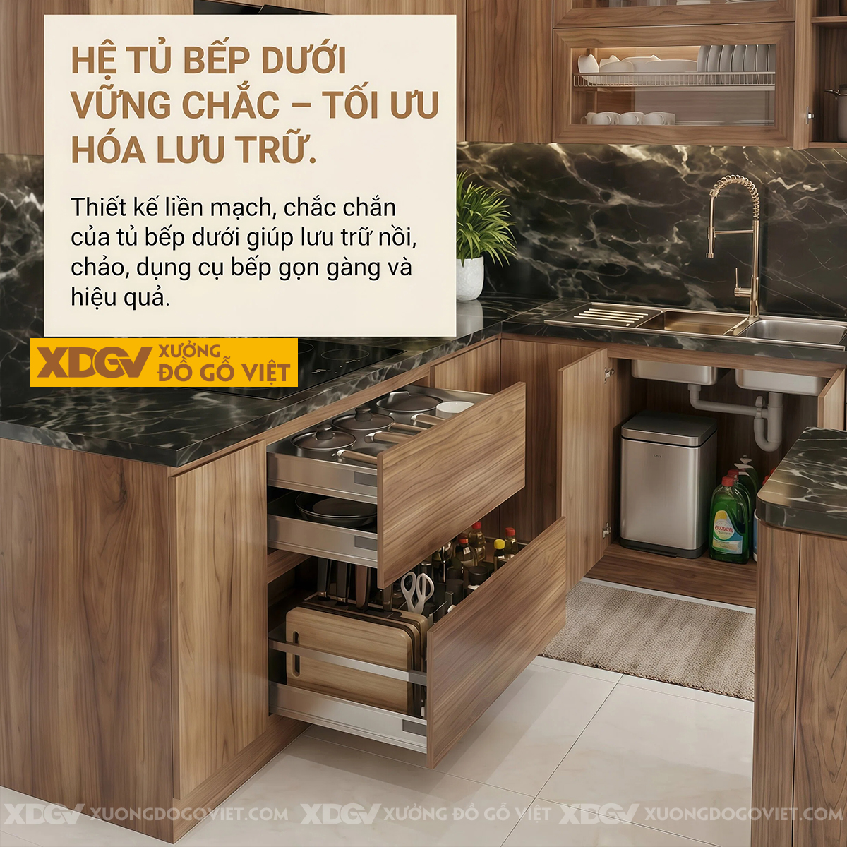Tủ Bếp Gỗ Óc Chó Chữ L Ốp Mặt Đá Đen Vân Có Bàn Đảo Bếp