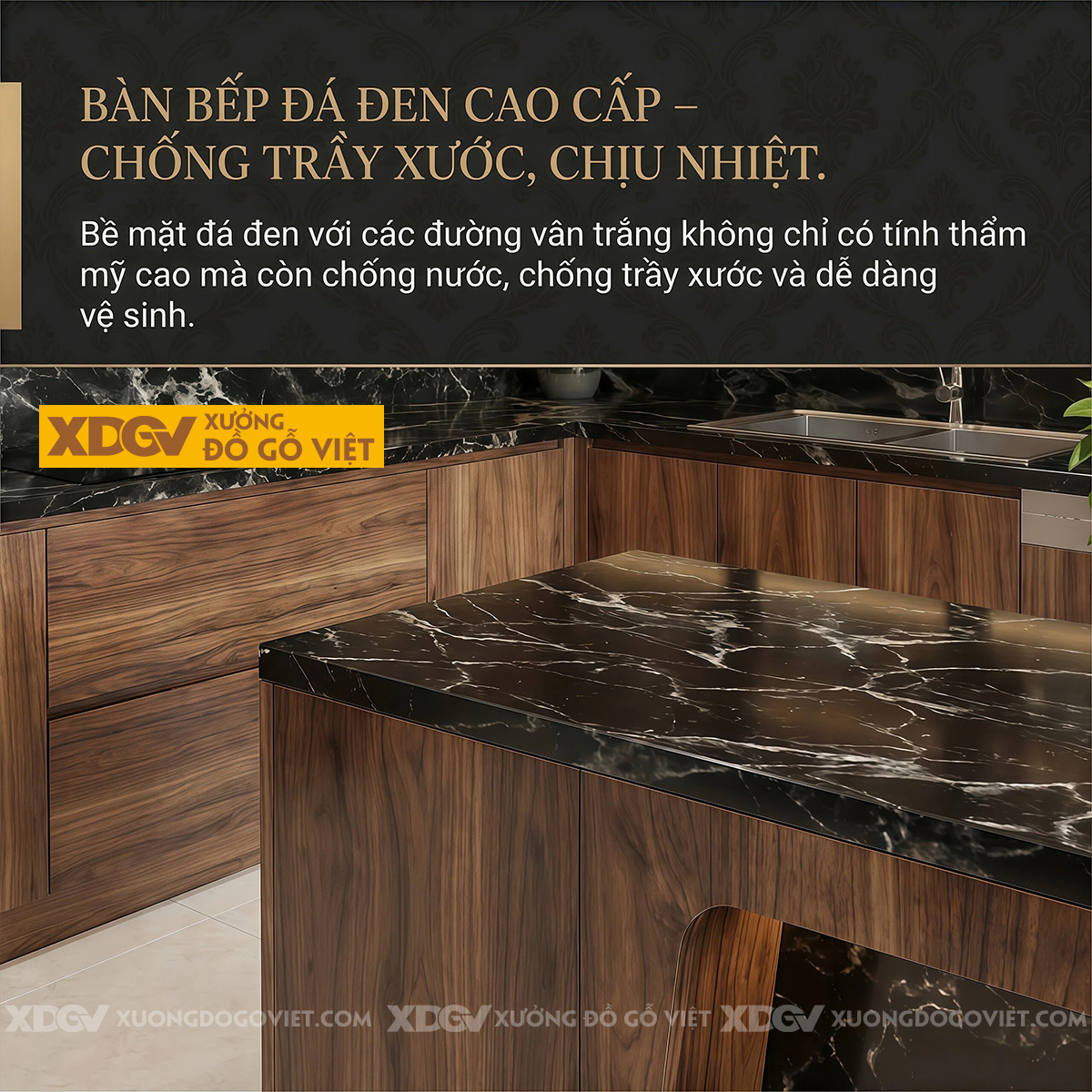 Tủ Bếp Gỗ Óc Chó Chữ L Ốp Mặt Đá Đen Vân Có Bàn Đảo Bếp