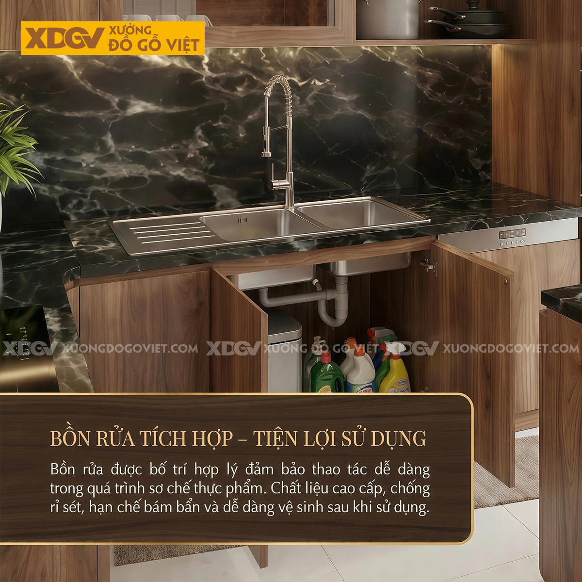 Tủ Bếp Gỗ Óc Chó Chữ L Ốp Mặt Đá Đen Vân Có Bàn Đảo Bếp