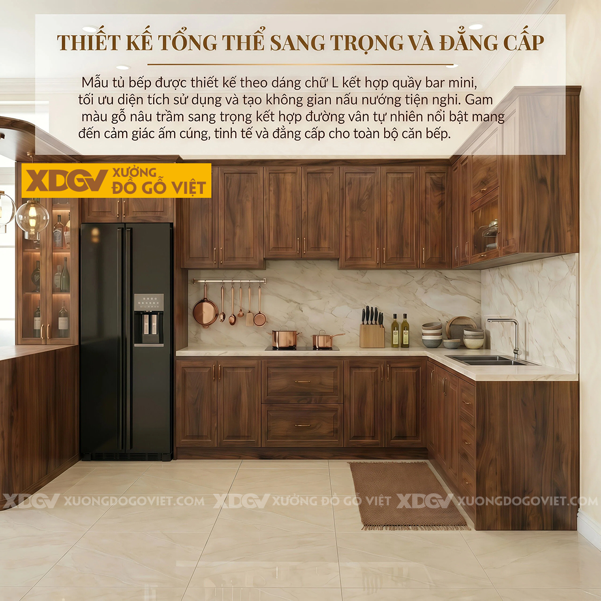 Tủ Bếp Gỗ Óc Chó Kiểu L Hiện Đại Có Bàn Đảo Bar Sang Trọng