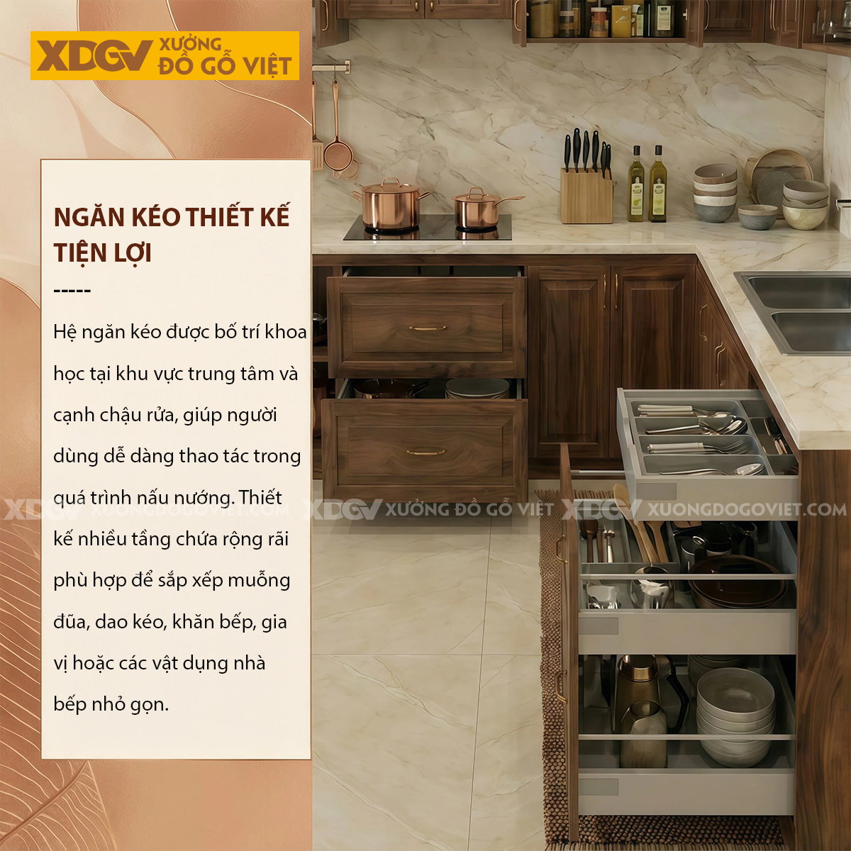 Tủ Bếp Gỗ Óc Chó Kiểu L Hiện Đại Có Bàn Đảo Bar Sang Trọng