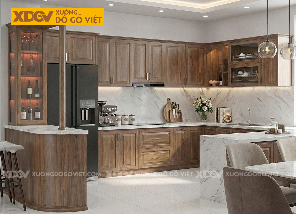 Tủ Bếp Gỗ Óc Chó Kiểu L Hiện Đại Có Bàn Đảo Bar Sang Trọng