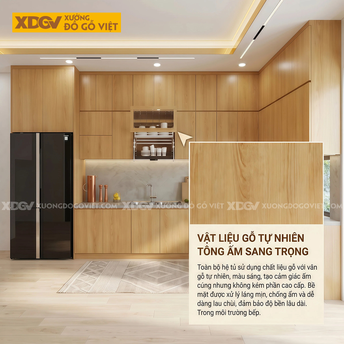 Tủ Bếp Gỗ Sồi Chữ L Đa Cánh Lưu Trữ Bố Trí Thông Minh