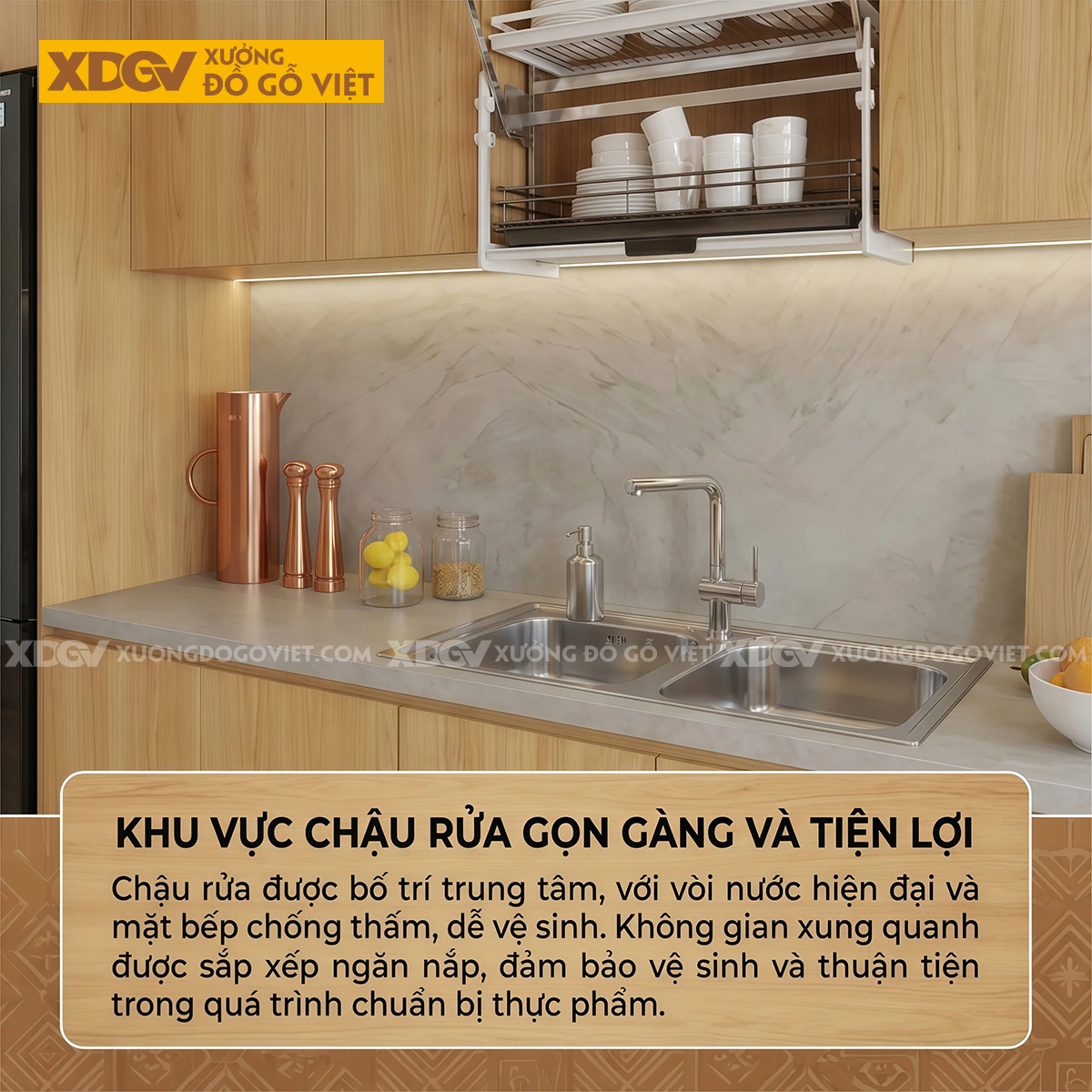 Tủ Bếp Gỗ Sồi Chữ L Đa Cánh Lưu Trữ Bố Trí Thông Minh