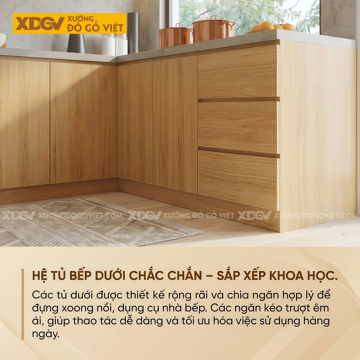 Tủ Bếp Gỗ Sồi Chữ L Đa Cánh Lưu Trữ Bố Trí Thông Minh