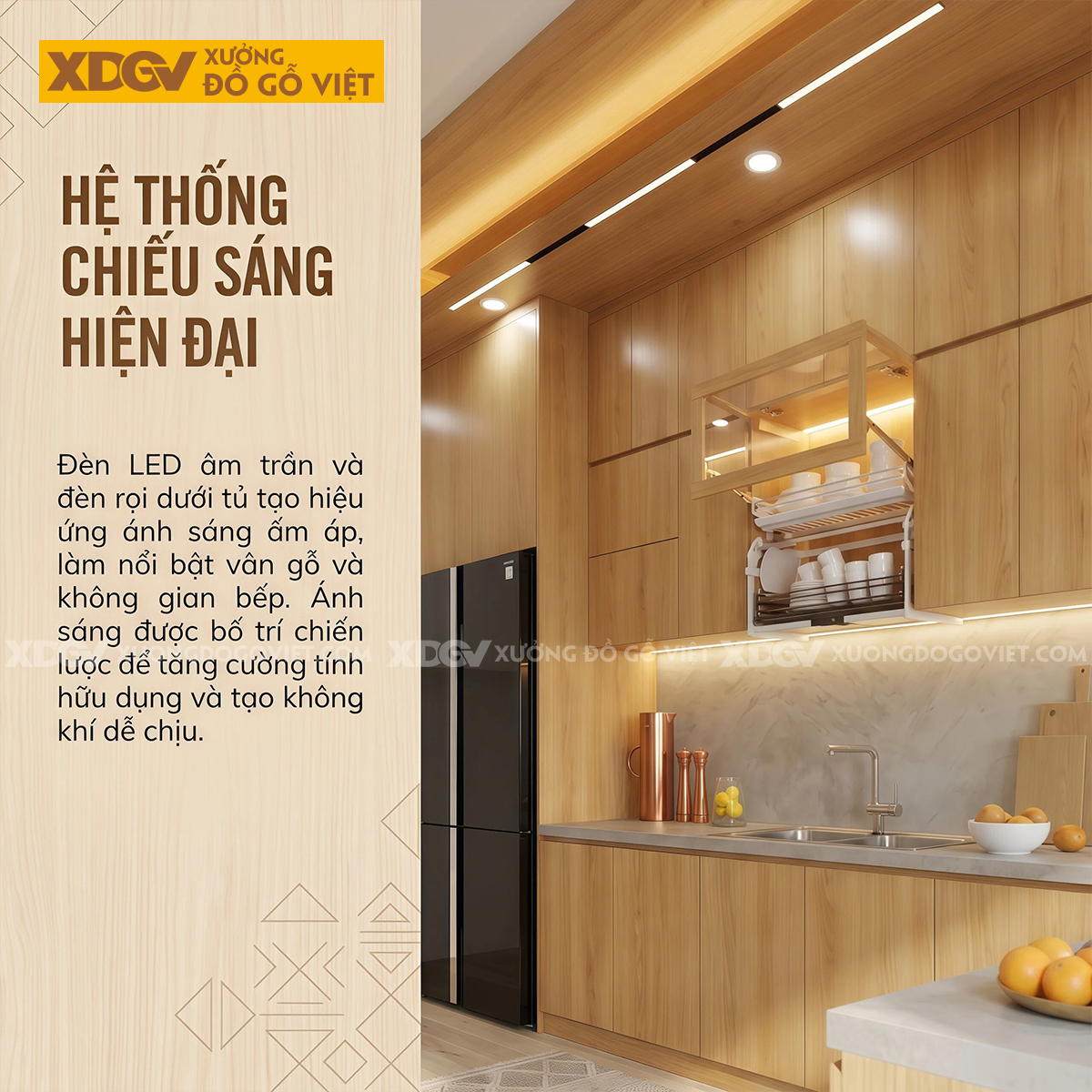 Tủ Bếp Gỗ Sồi Chữ L Đa Cánh Lưu Trữ Bố Trí Thông Minh
