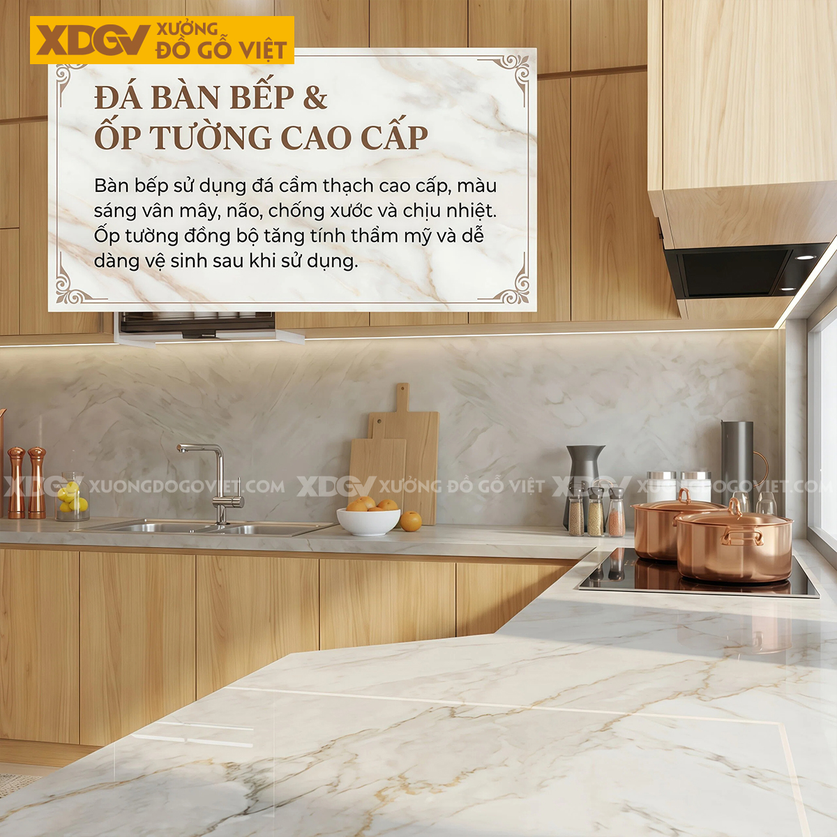 Tủ Bếp Gỗ Sồi Chữ L Đa Cánh Lưu Trữ Bố Trí Thông Minh
