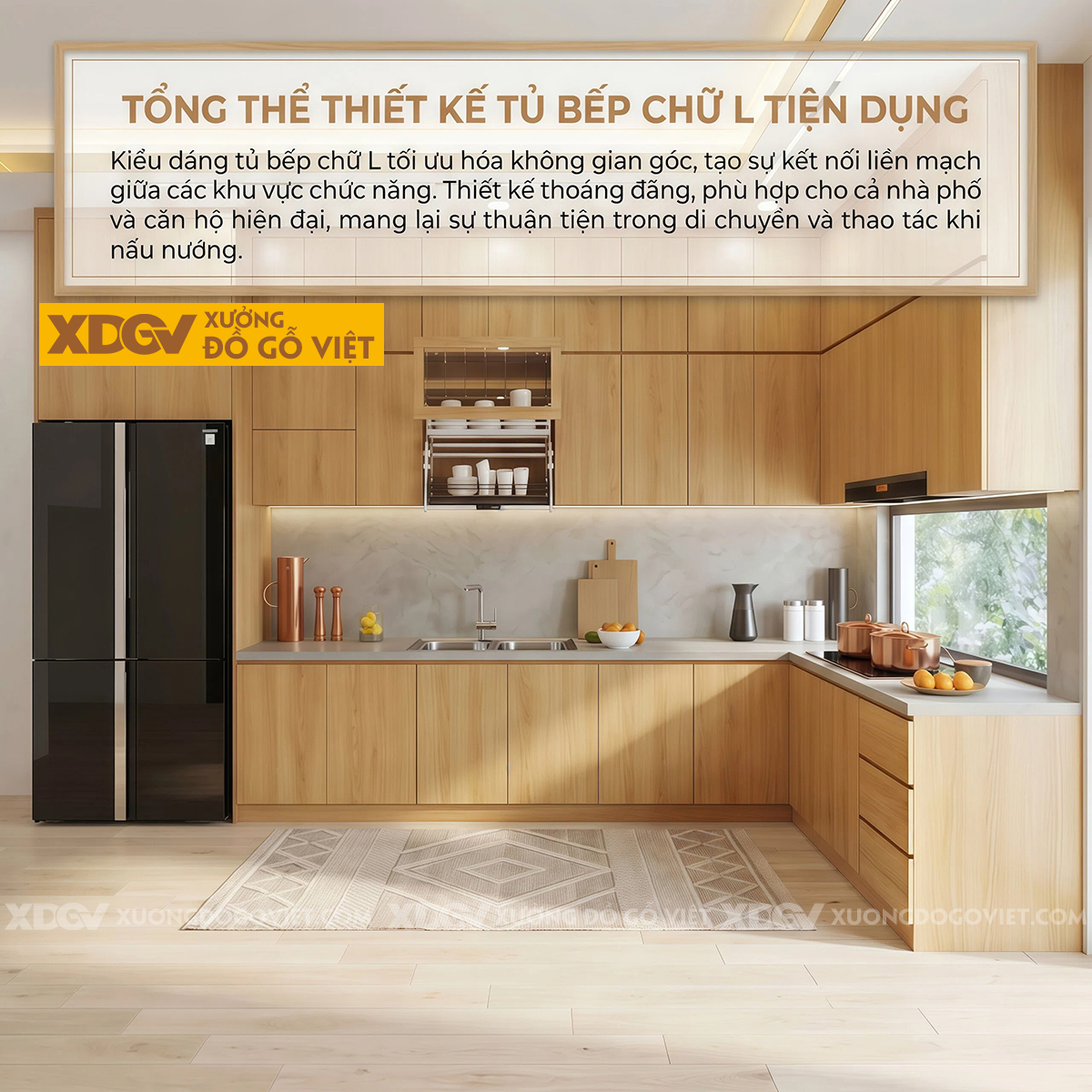 Tủ Bếp Gỗ Sồi Chữ L Đa Cánh Lưu Trữ Bố Trí Thông Minh