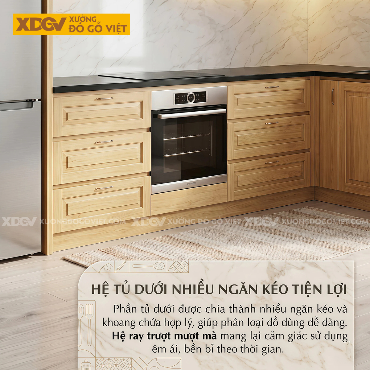 Tủ Bếp Gỗ Sồi Tự Nhiên Phối Cánh Pano Dáng Chữ L Nhiều Ngăn