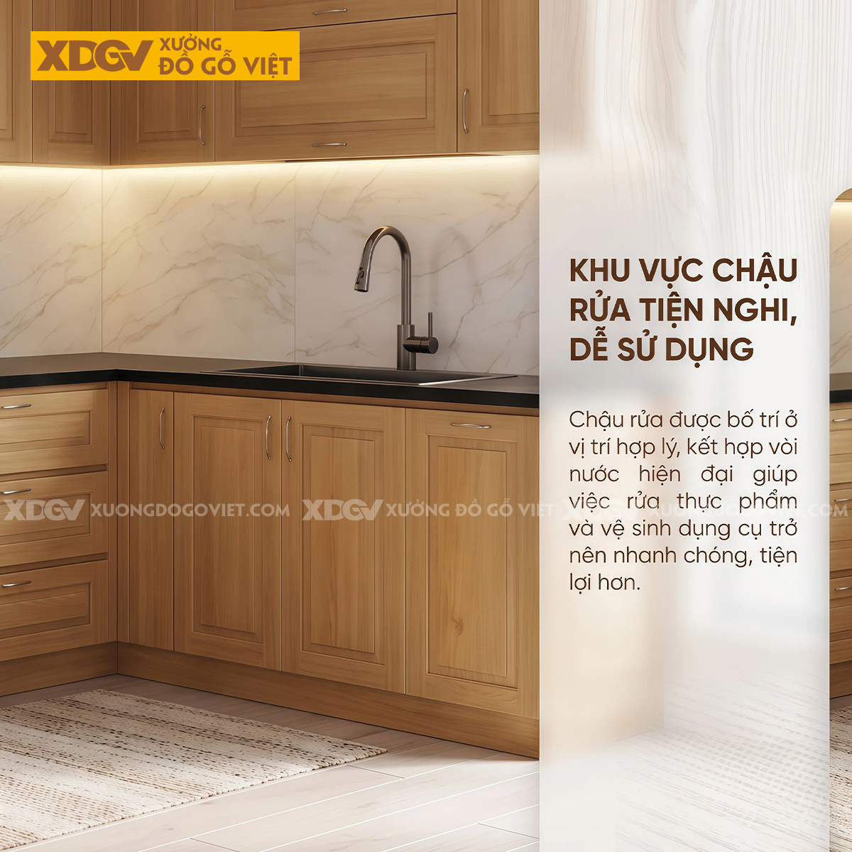 Tủ Bếp Gỗ Sồi Tự Nhiên Phối Cánh Pano Dáng Chữ L Nhiều Ngăn