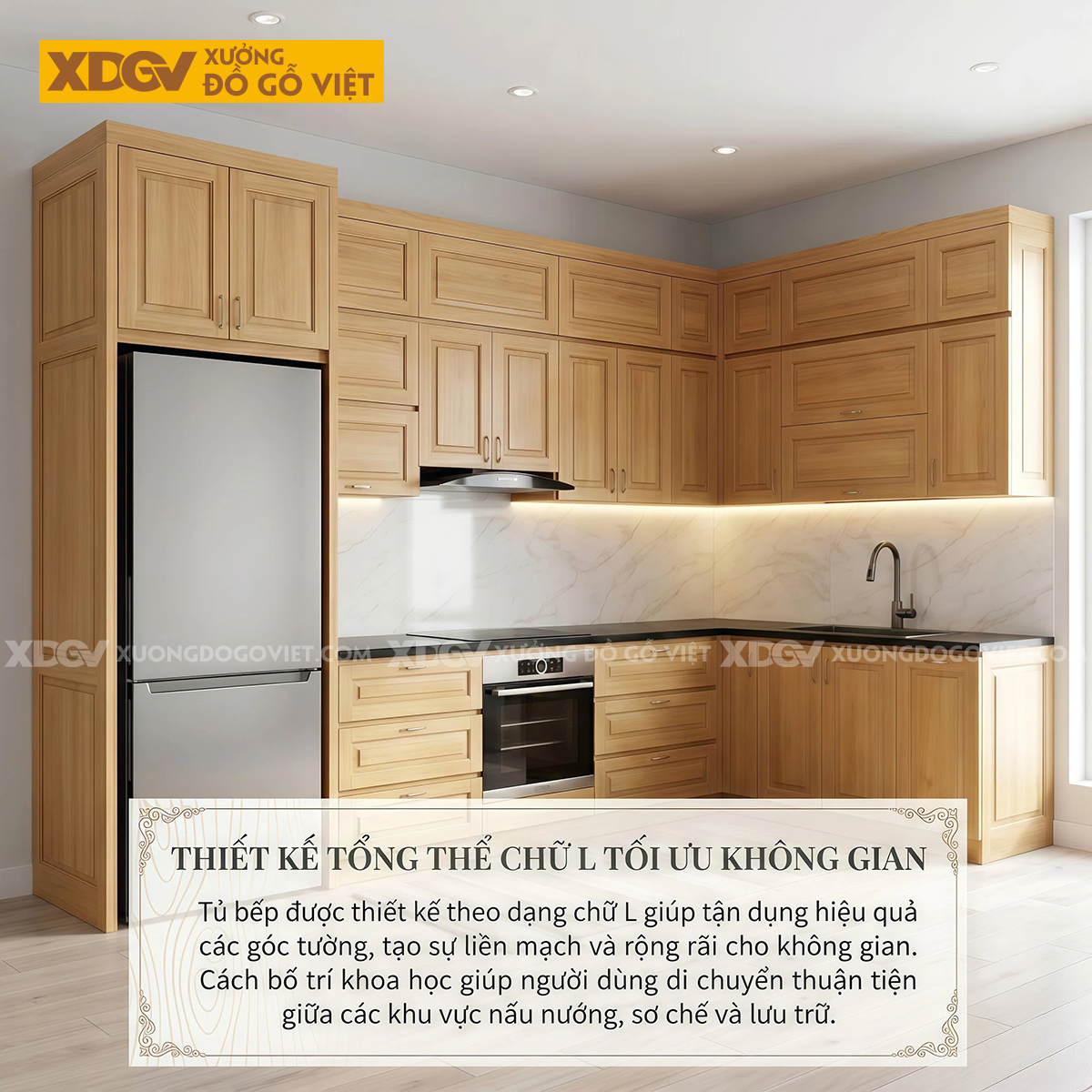 Tủ Bếp Gỗ Sồi Tự Nhiên Phối Cánh Pano Dáng Chữ L Nhiều Ngăn
