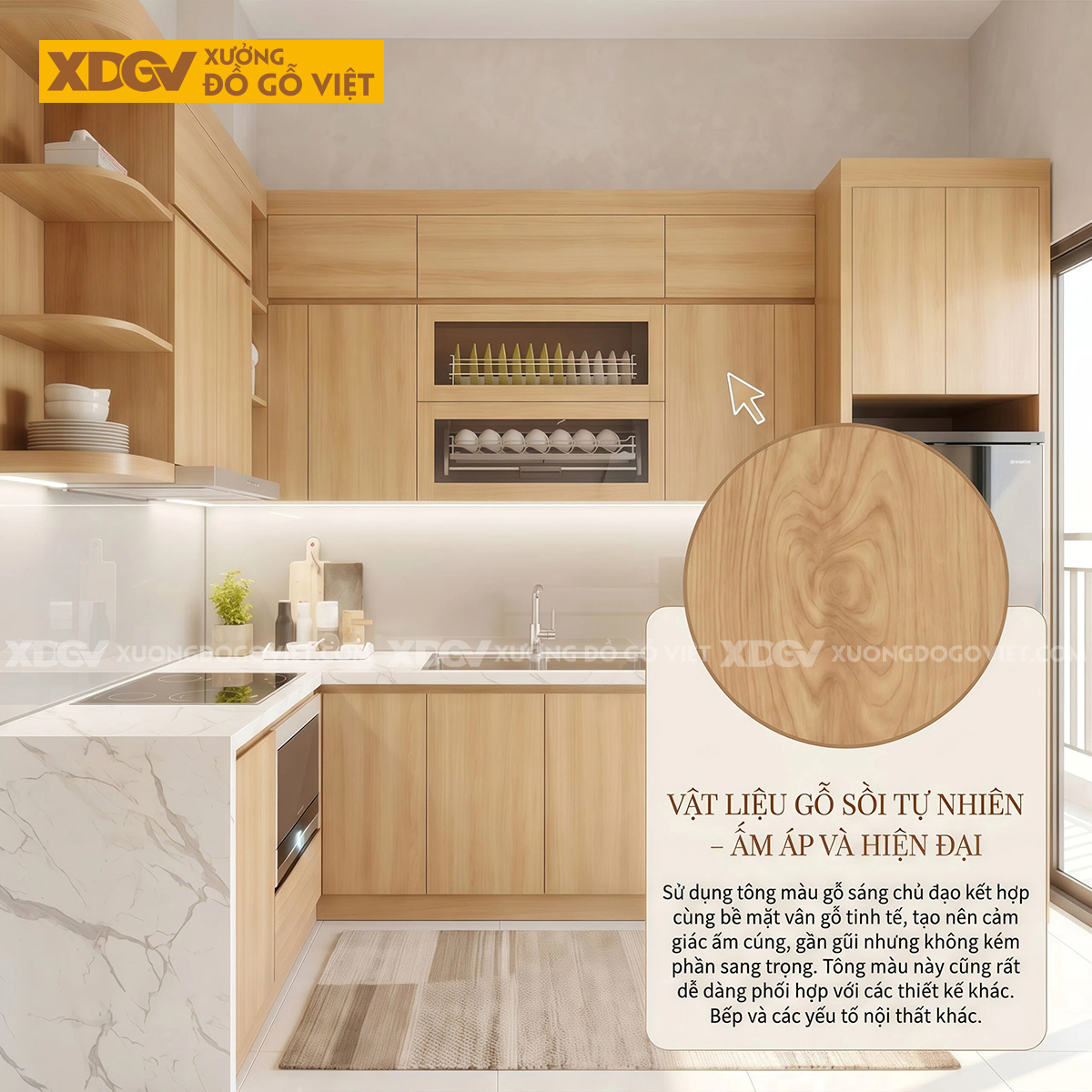 Tủ Bếp Gỗ Veneer Sồi Dáng Chữ L Nhỏ Gọn Lưu Trữ Thông Minh