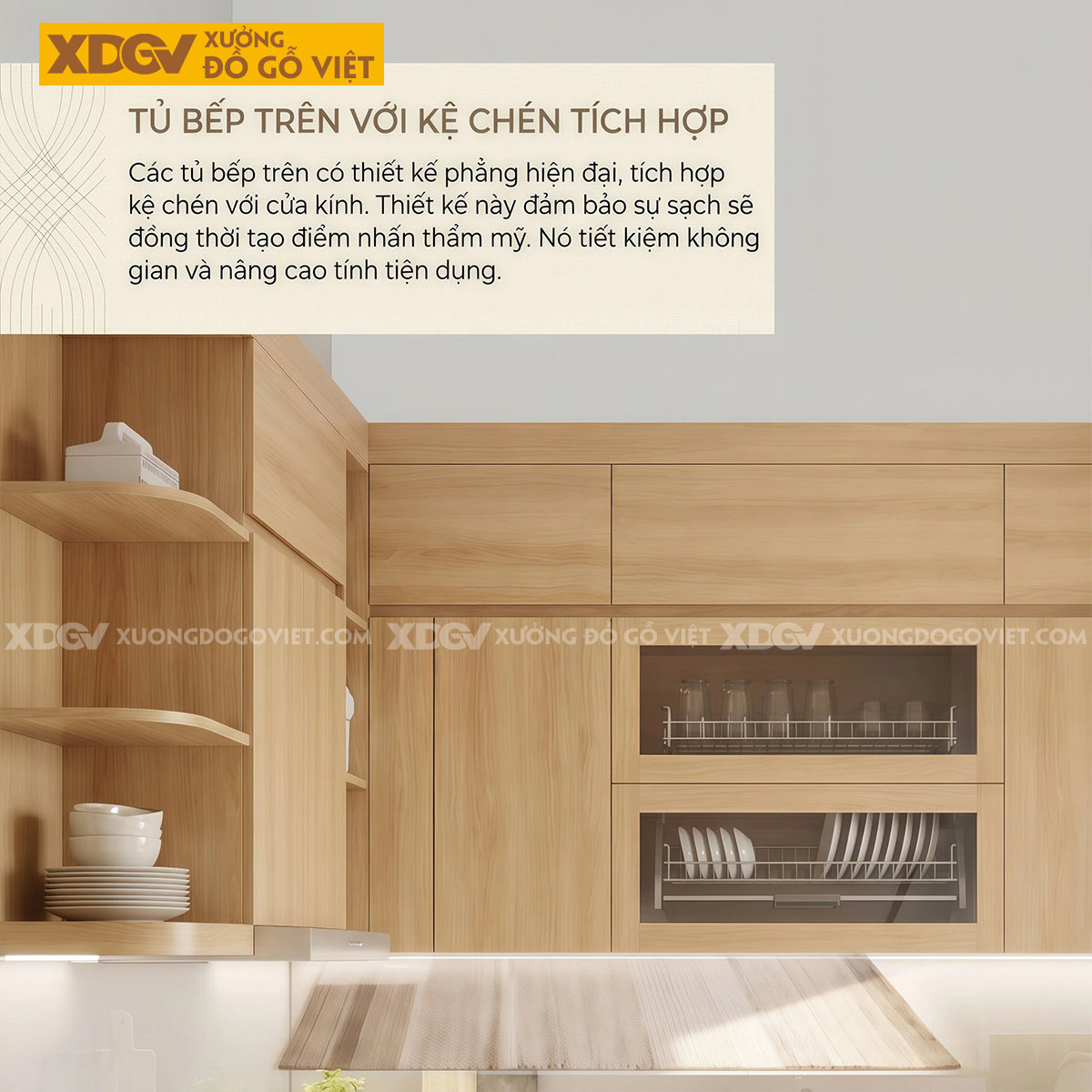 Tủ Bếp Gỗ Veneer Sồi Dáng Chữ L Nhỏ Gọn Lưu Trữ Thông Minh
