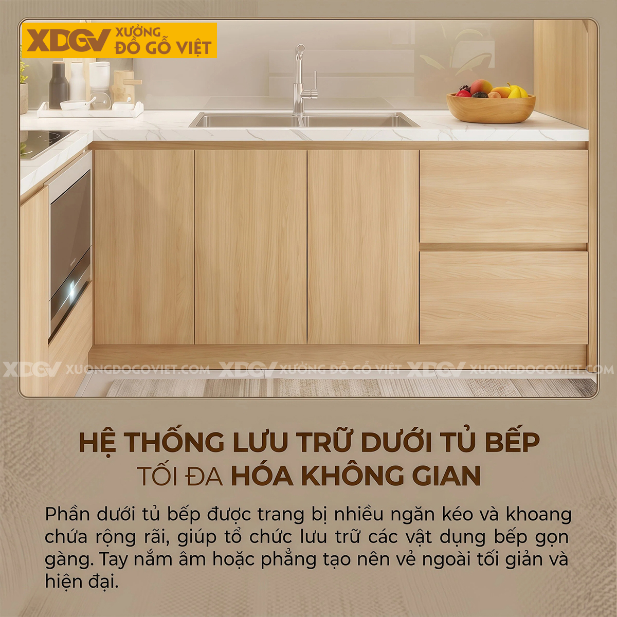 Tủ Bếp Gỗ Veneer Sồi Dáng Chữ L Nhỏ Gọn Lưu Trữ Thông Minh