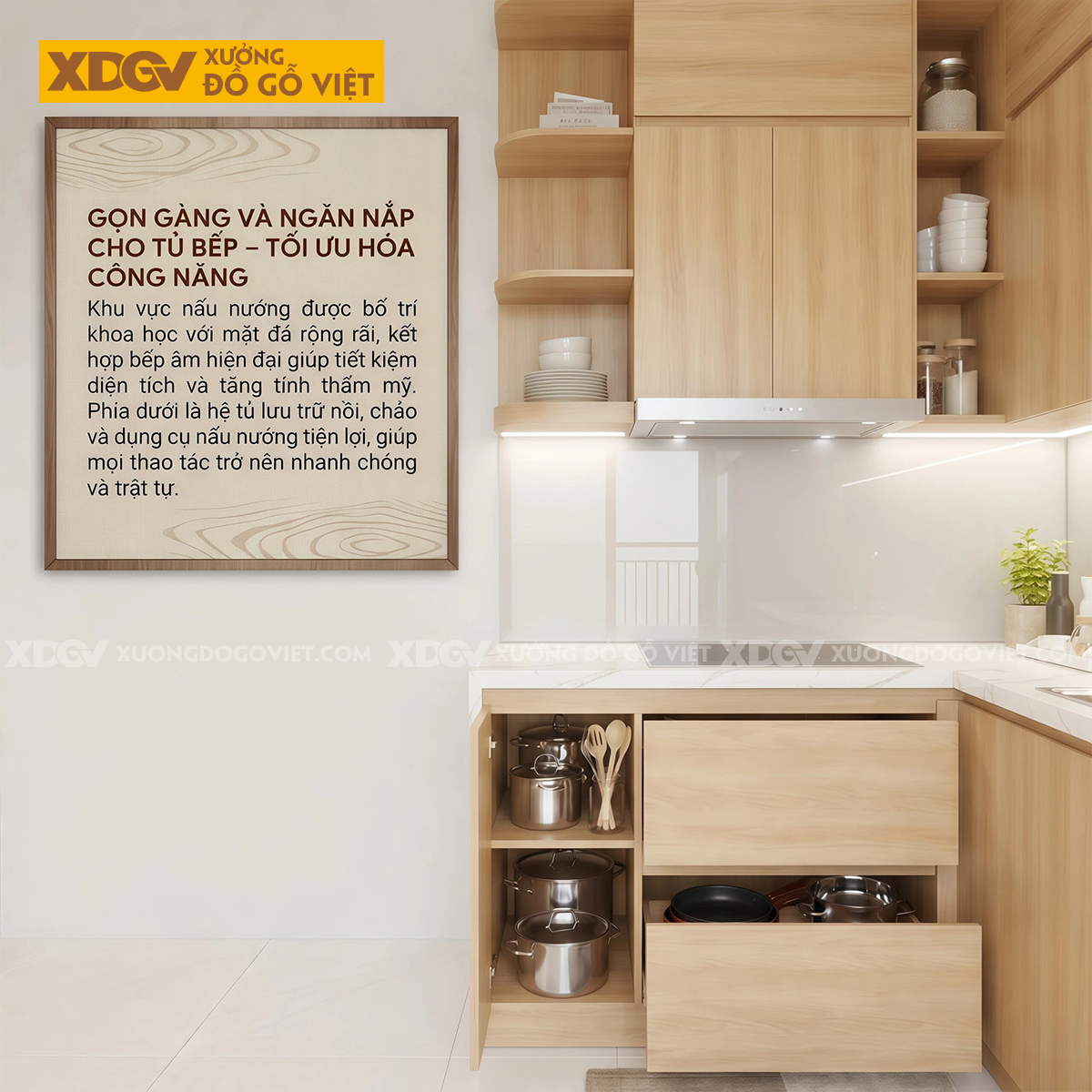 Tủ Bếp Gỗ Veneer Sồi Dáng Chữ L Nhỏ Gọn Lưu Trữ Thông Minh