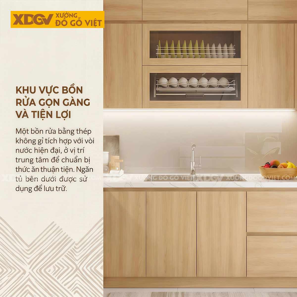 Tủ Bếp Gỗ Veneer Sồi Dáng Chữ L Nhỏ Gọn Lưu Trữ Thông Minh