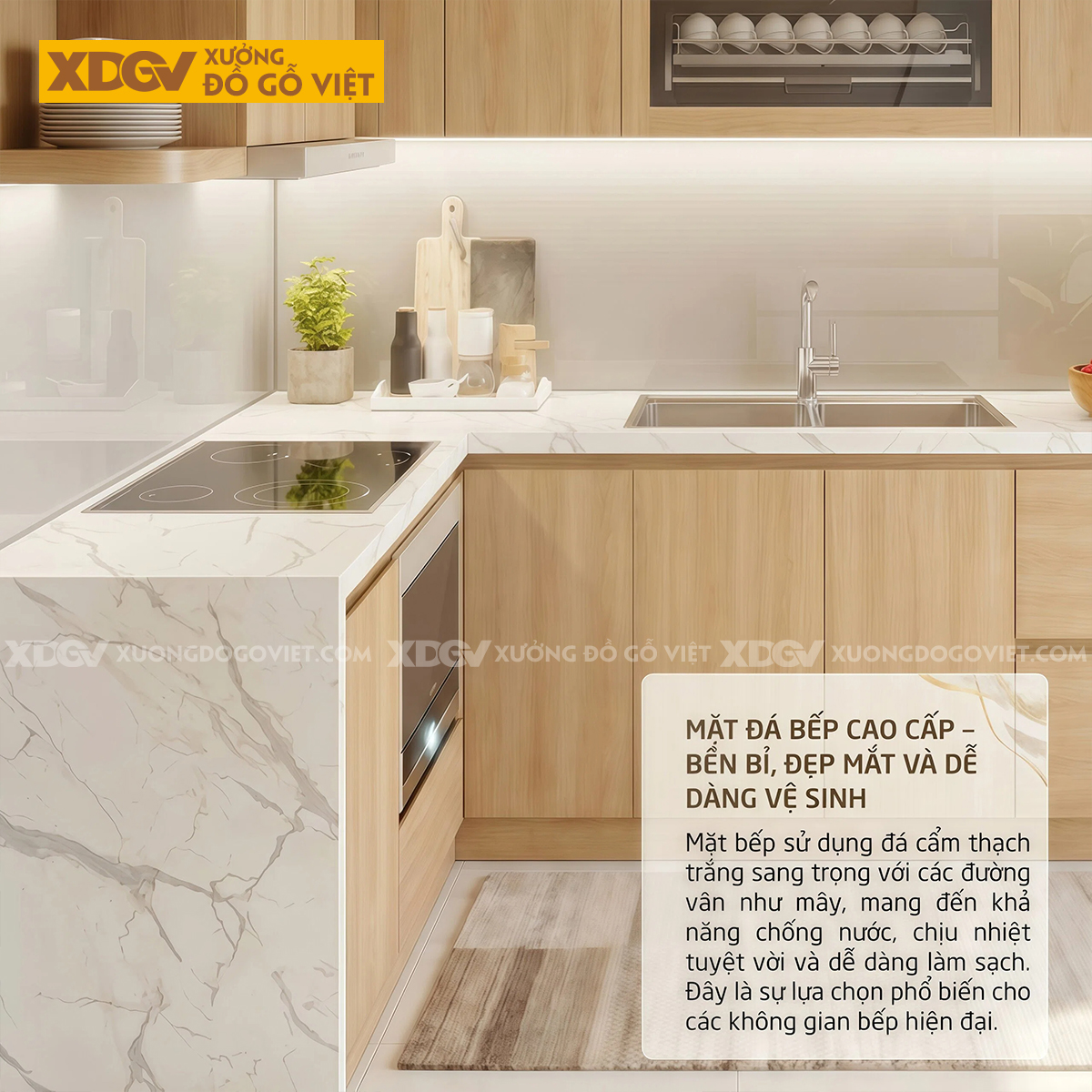 Tủ Bếp Gỗ Veneer Sồi Dáng Chữ L Nhỏ Gọn Lưu Trữ Thông Minh