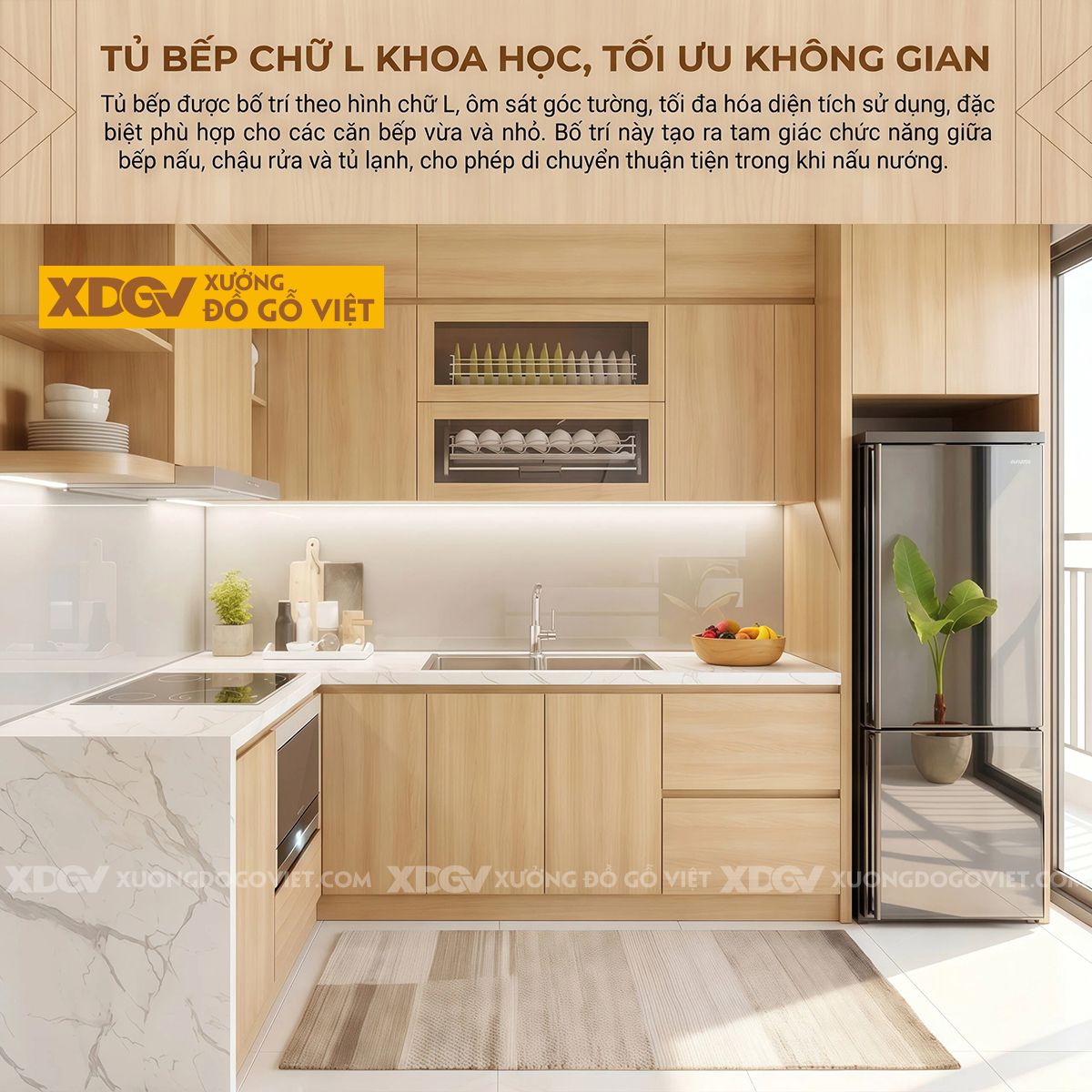 Tủ Bếp Gỗ Veneer Sồi Dáng Chữ L Nhỏ Gọn Lưu Trữ Thông Minh