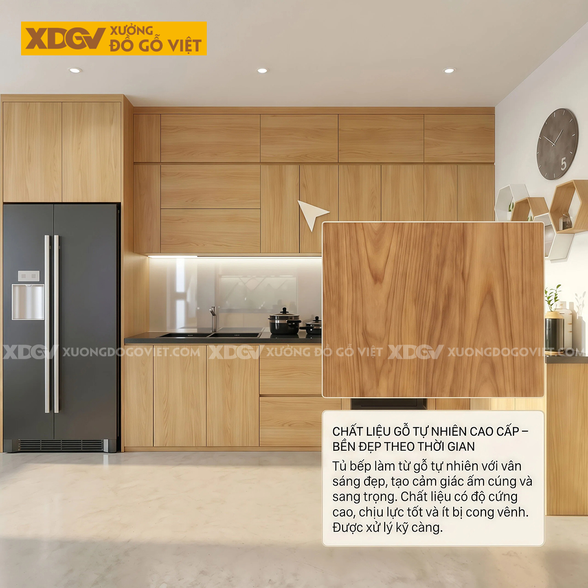Tủ Bếp Gỗ Veneer Sồi Dáng Chữ L Phối Tủ Lưu Trữ Tay Nắm Âm