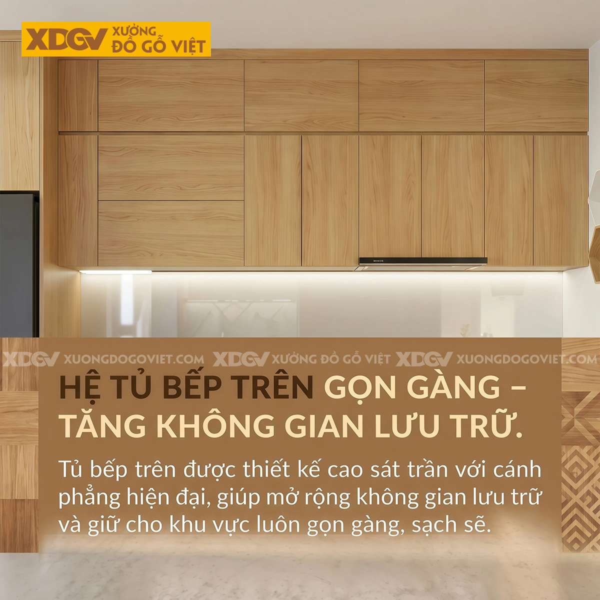 Tủ Bếp Gỗ Veneer Sồi Dáng Chữ L Phối Tủ Lưu Trữ Tay Nắm Âm