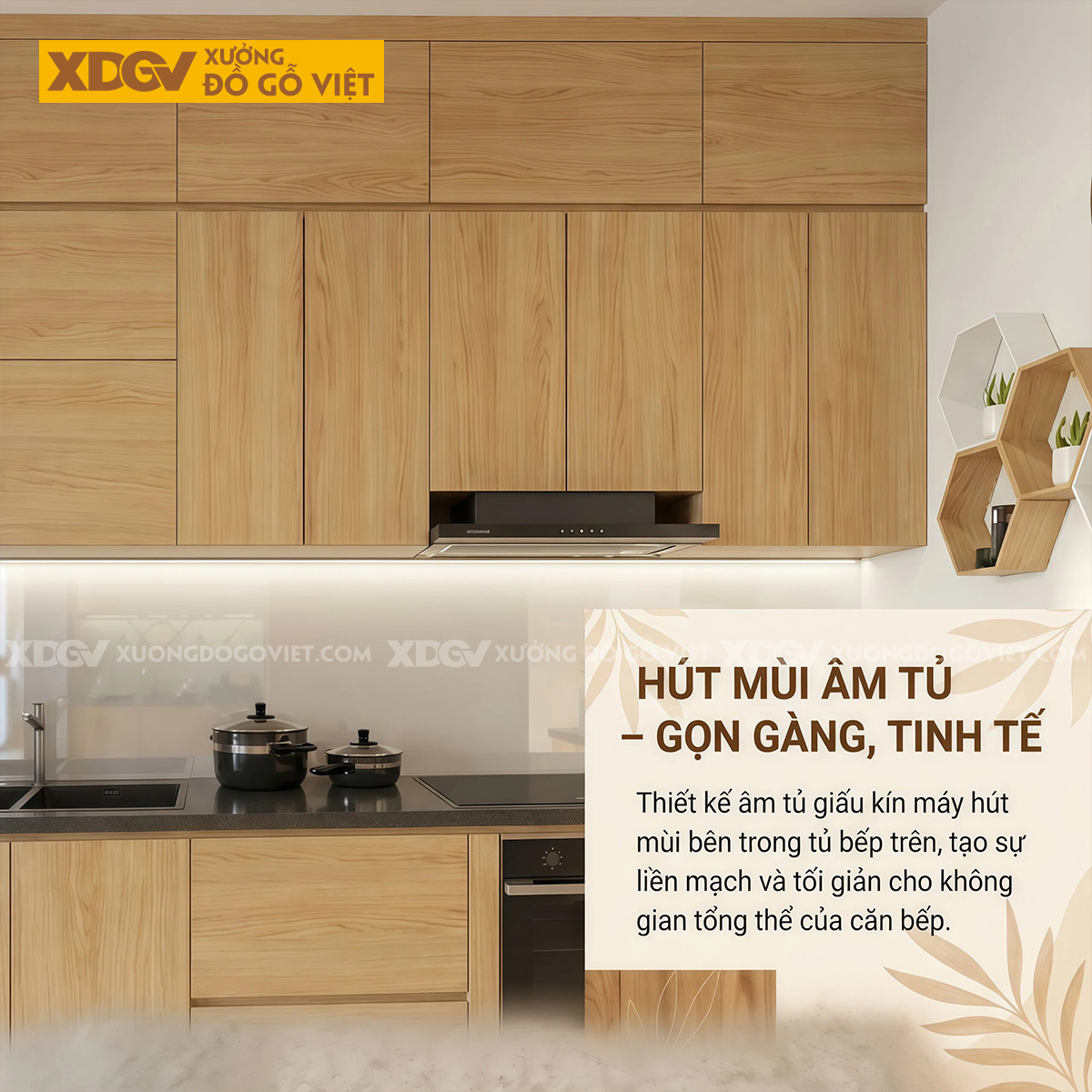 Tủ Bếp Gỗ Veneer Sồi Dáng Chữ L Phối Tủ Lưu Trữ Tay Nắm Âm