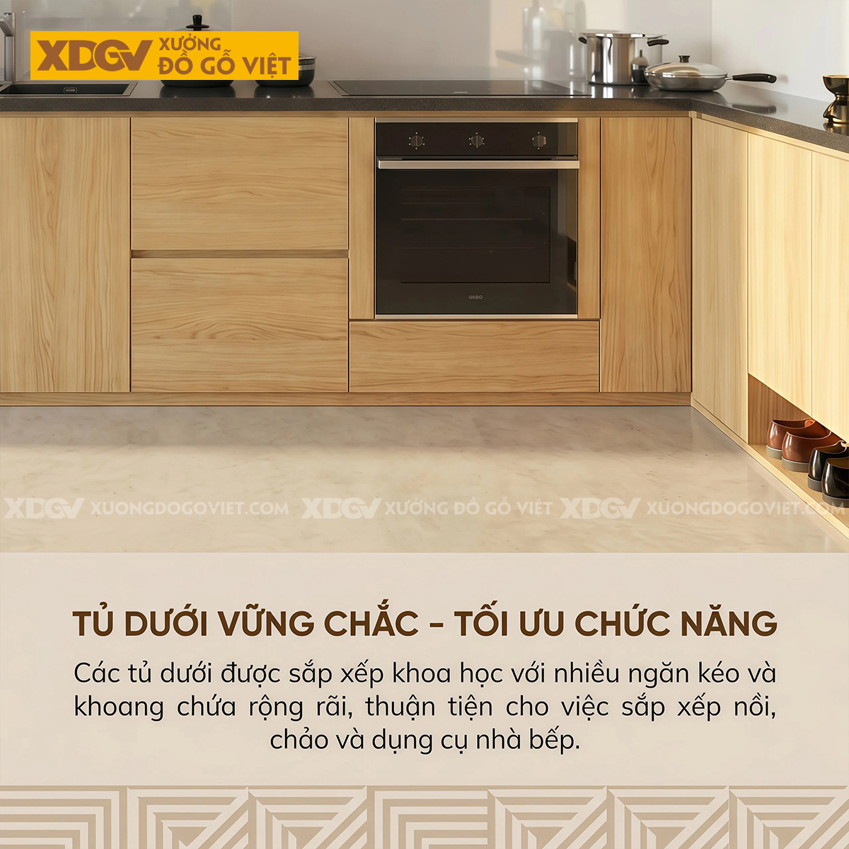 Tủ Bếp Gỗ Veneer Sồi Dáng Chữ L Phối Tủ Lưu Trữ Tay Nắm Âm