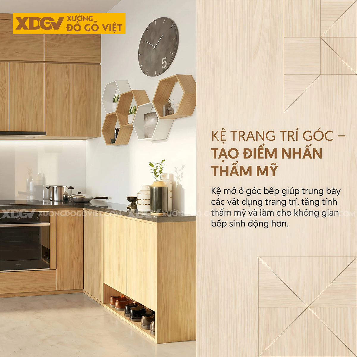 Tủ Bếp Gỗ Veneer Sồi Dáng Chữ L Phối Tủ Lưu Trữ Tay Nắm Âm