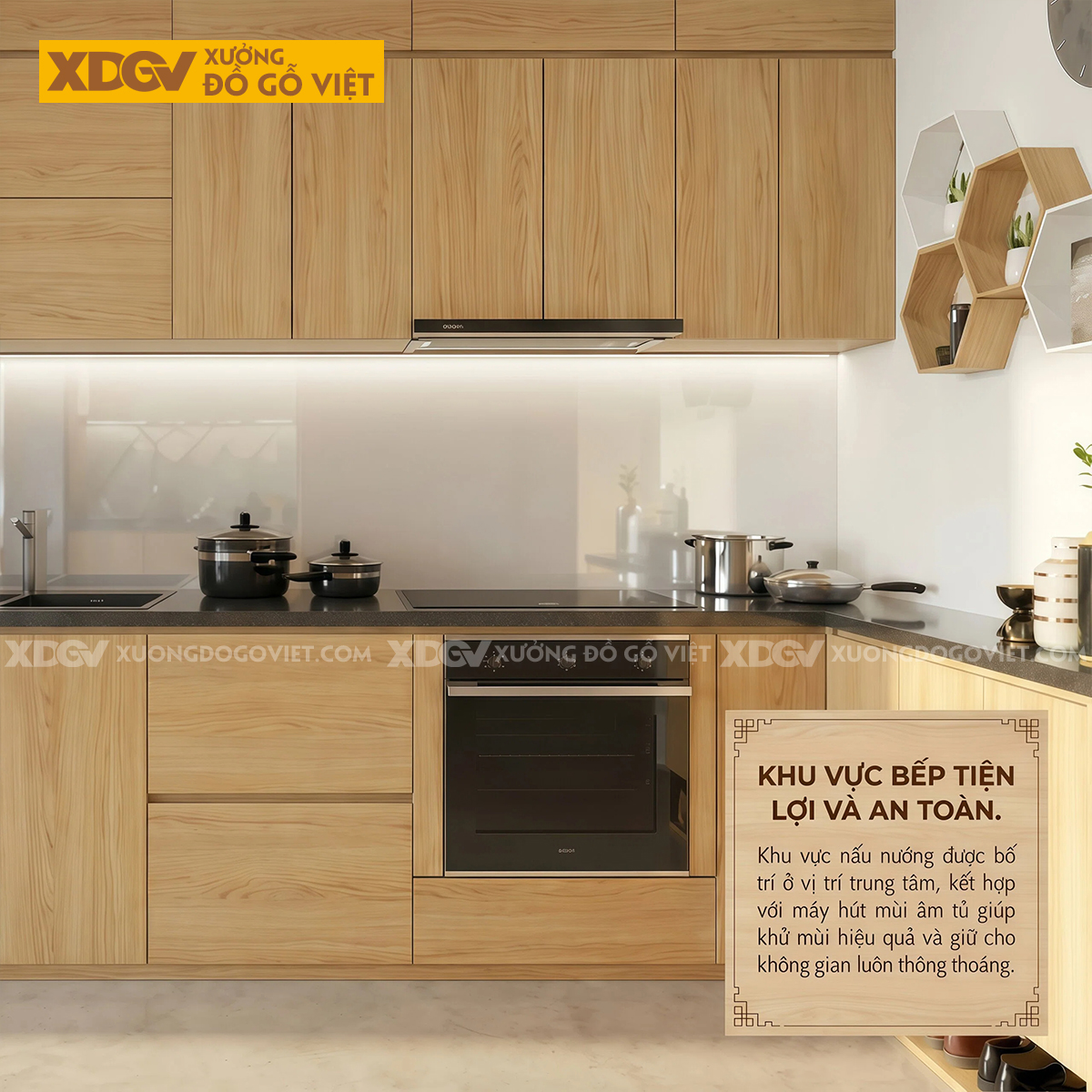 Tủ Bếp Gỗ Veneer Sồi Dáng Chữ L Phối Tủ Lưu Trữ Tay Nắm Âm